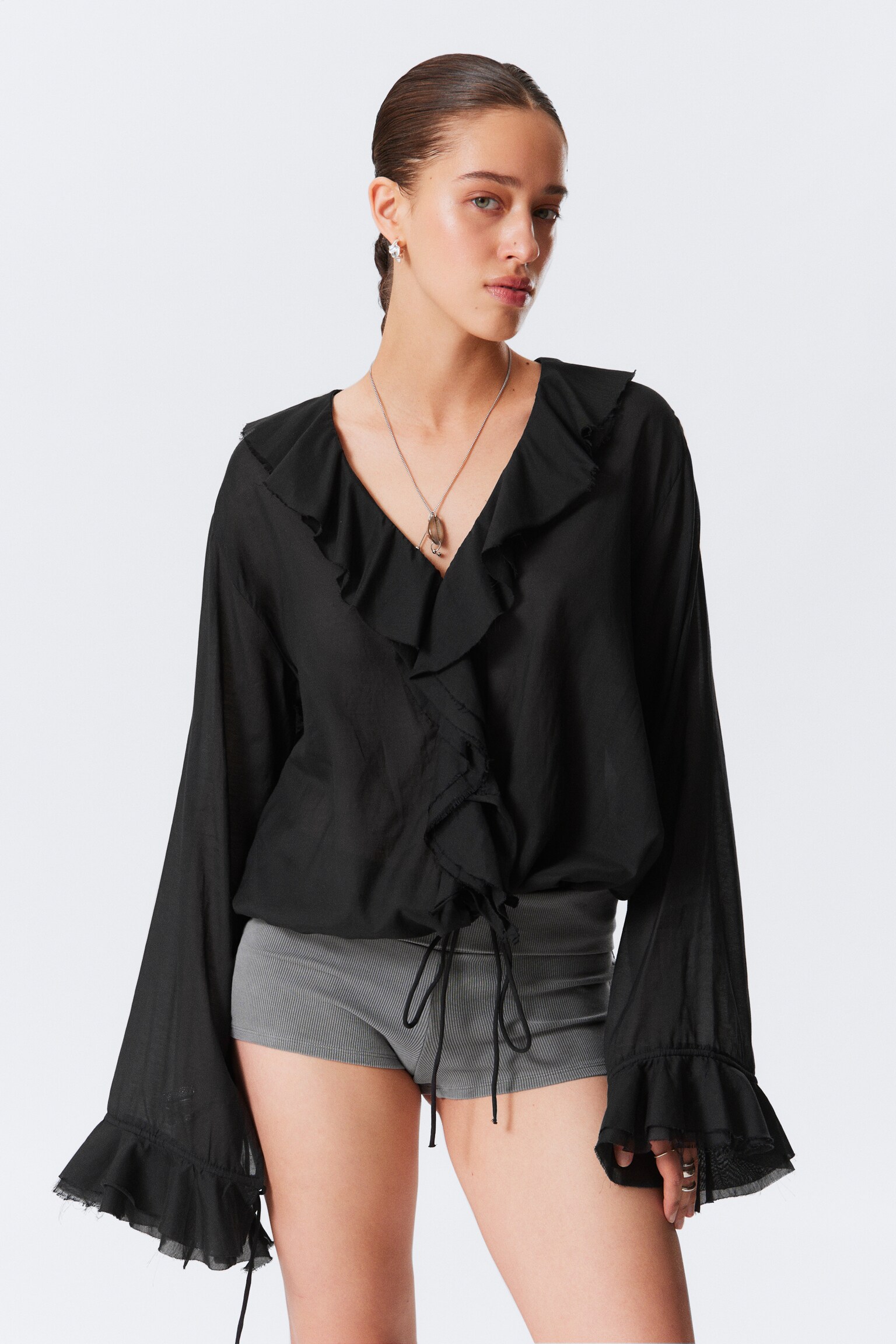 Frilled Long-Sleeved Wrap Blouse - Black/White/Brown