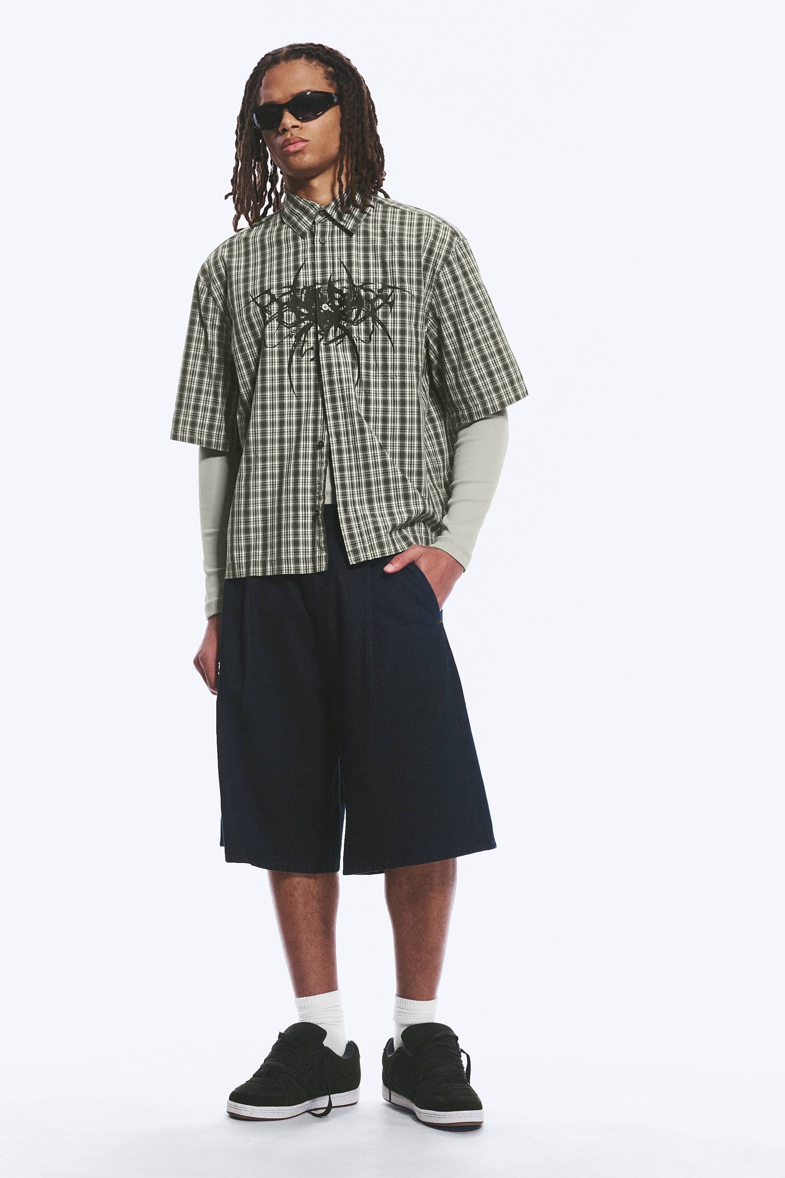 Chemise carrée imprimée à manches courtes - Carreaux verts - Spyder/Rayures blanches et noires - 5