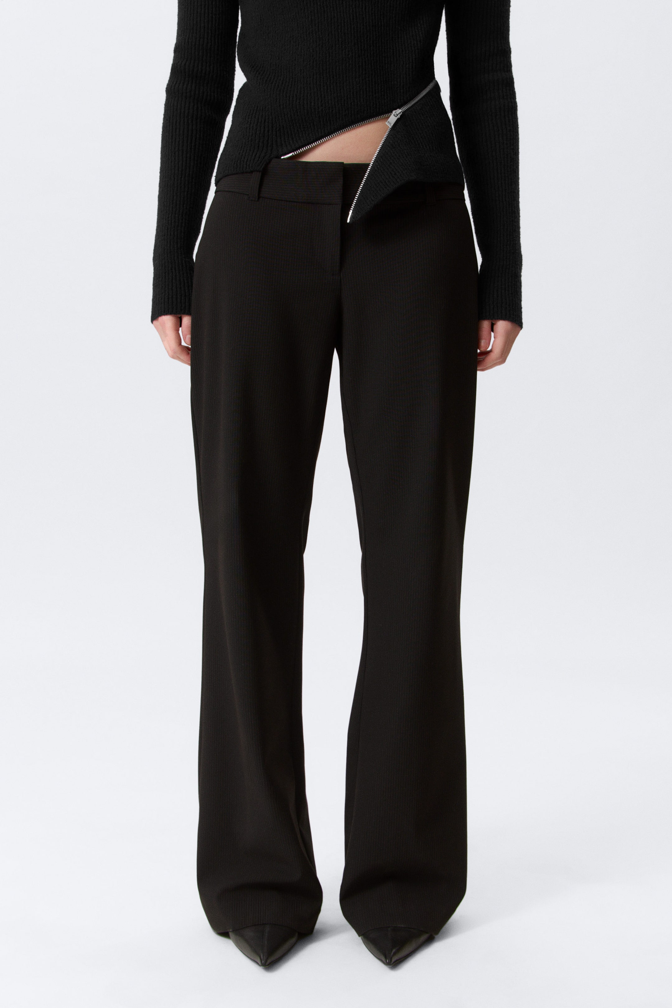 Pinstriped Black - Low-Rise Flared Suiting Trousers - 2