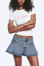 Mittelblau - Denim-Minirock mit niedrigem Bund und Volants - 1