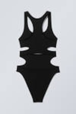 Black - Cut-out Nylon Bodysuit - 1