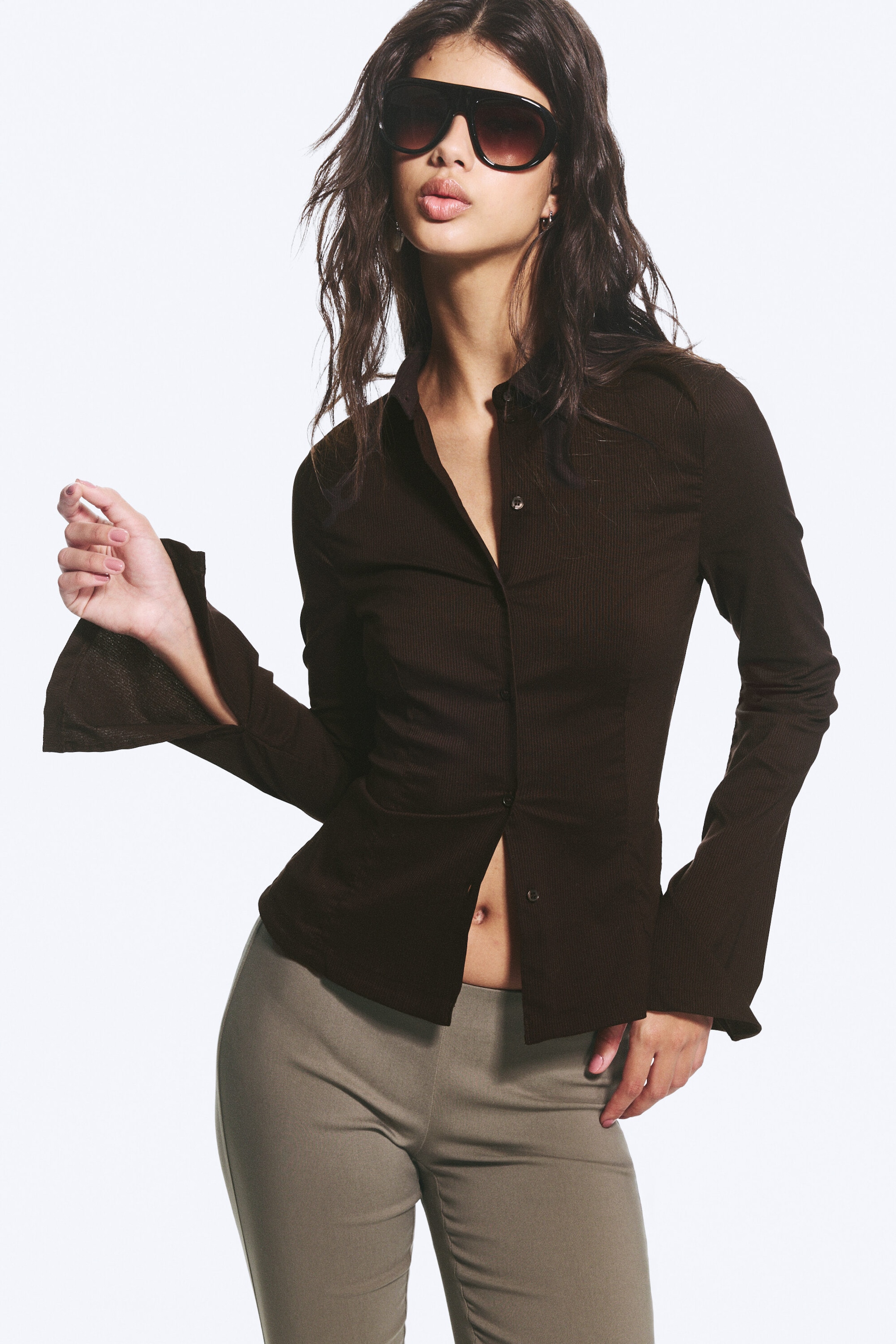 Dark Brown - Fitted Buttoned Shirt - 1