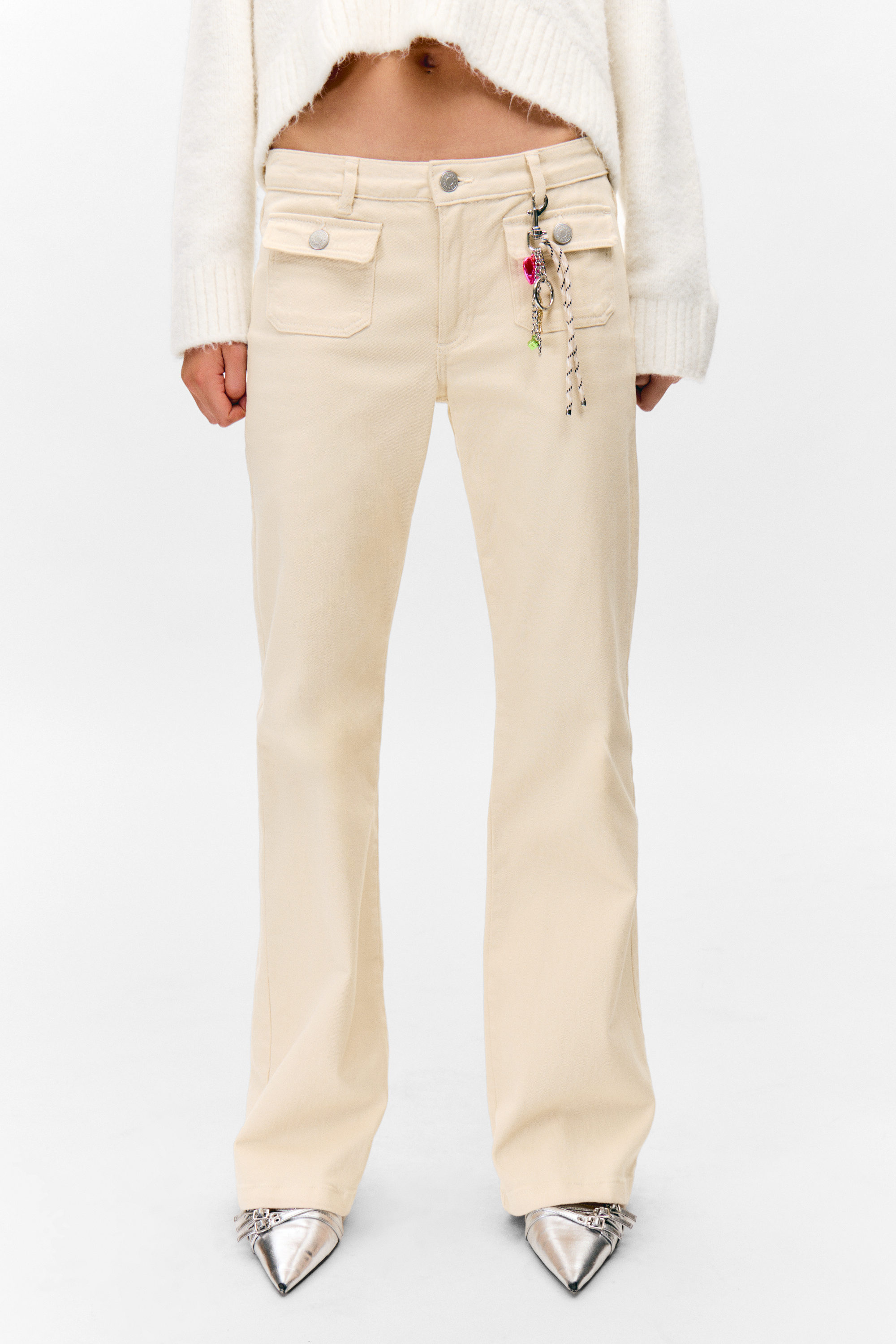 Light Beige - Low Waisted Bootcut Twill Trousers - 2