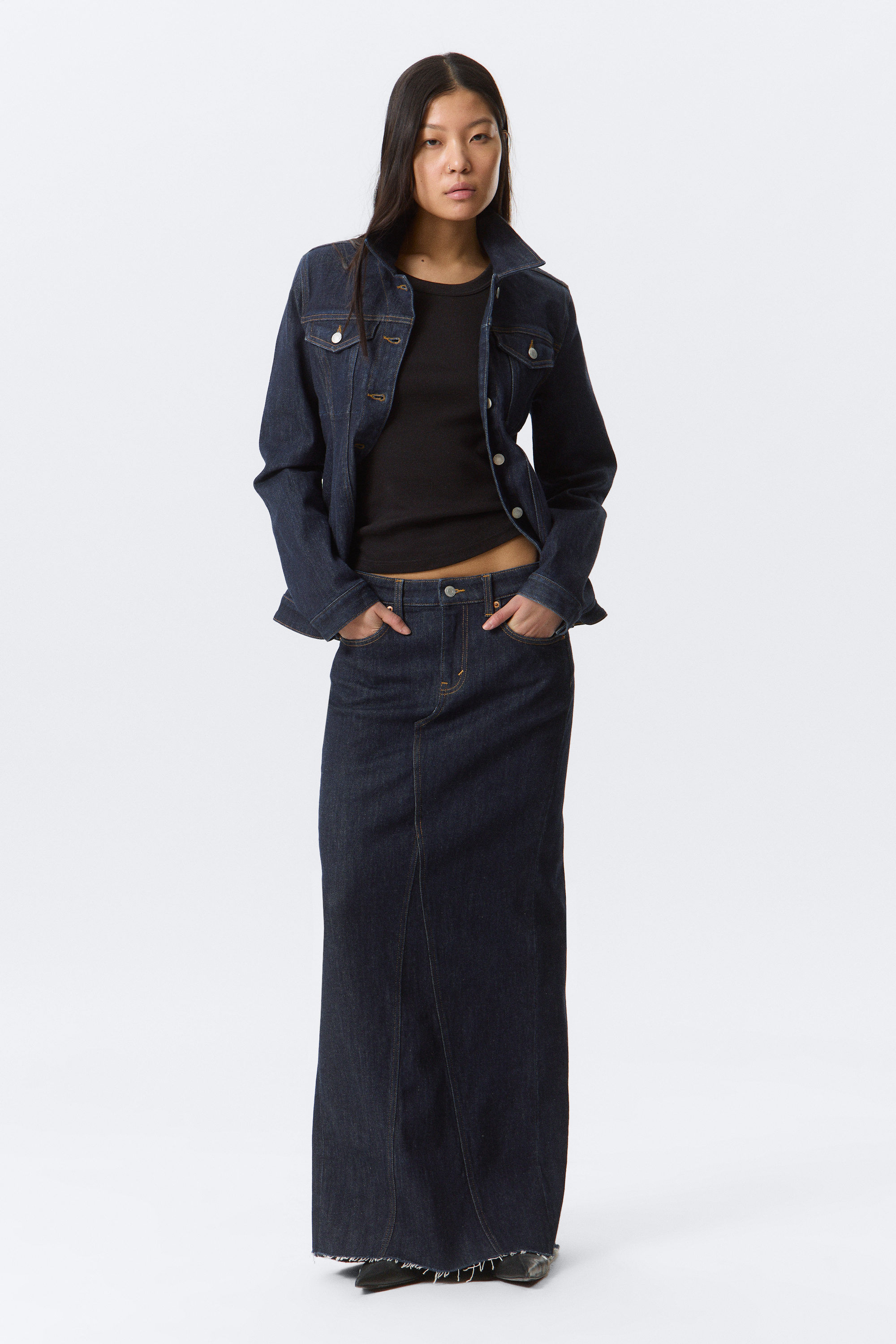 Blue Rinse - Dark Blue - Mid Rise Fitted Denim Maxi Skirt - 1