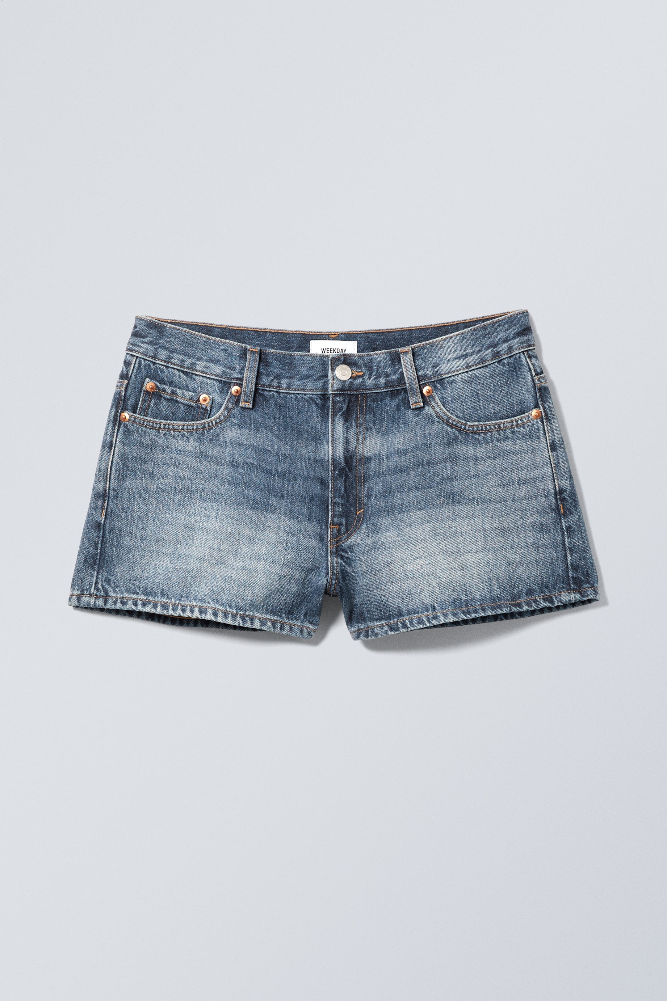 Spinel Blue - Duchess Low Rise Distressed Mini Denim Shorts - 0
