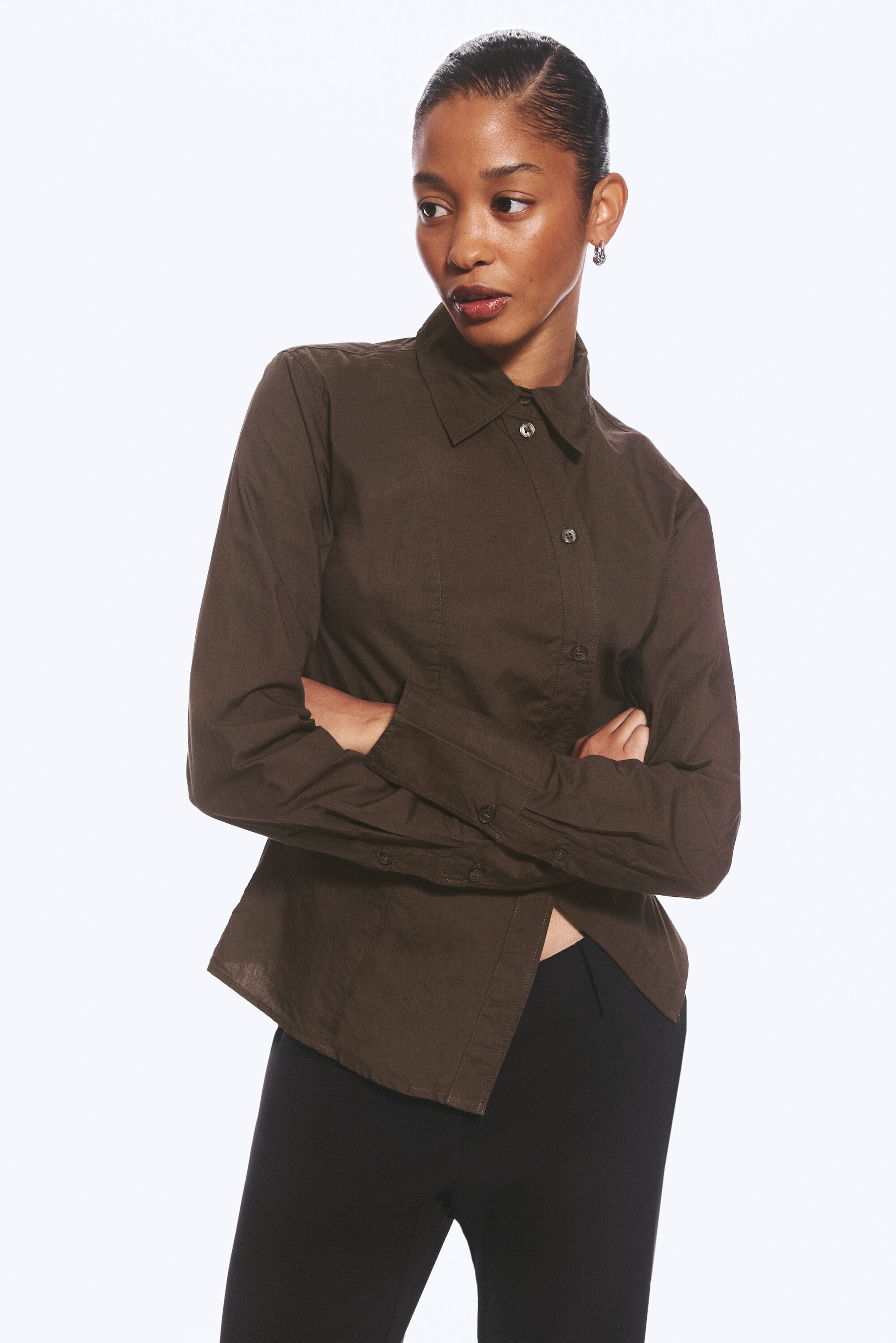 Dark Brown - Asymmetric Fitted Poplin Shirt