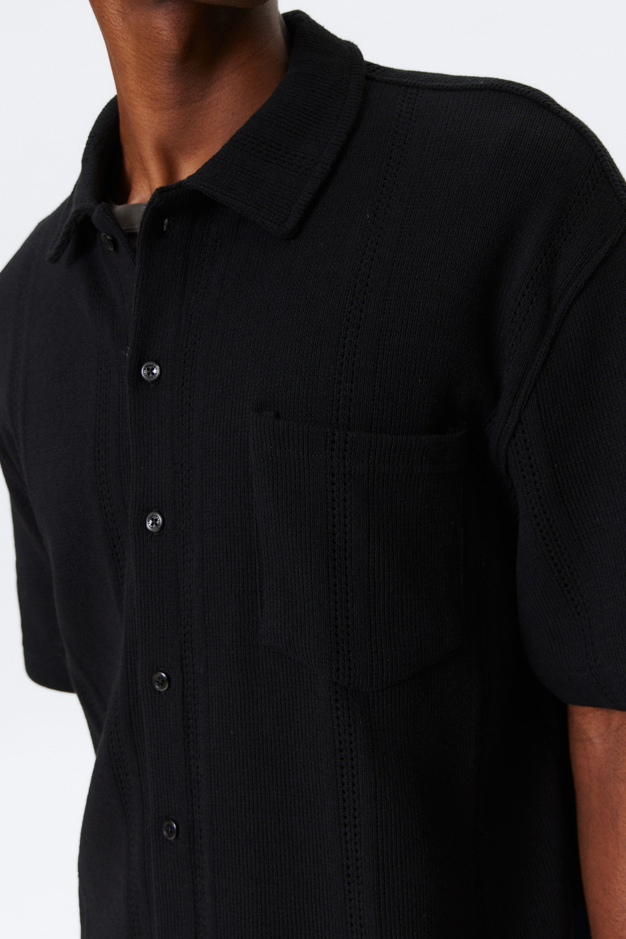 Black - Knitted Short-Sleeved Button-Up Shirt - 2