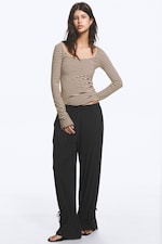 Light Pink/Brown Stripe - Long-Sleeved Slim Fit Scoop Neck Top - 2
