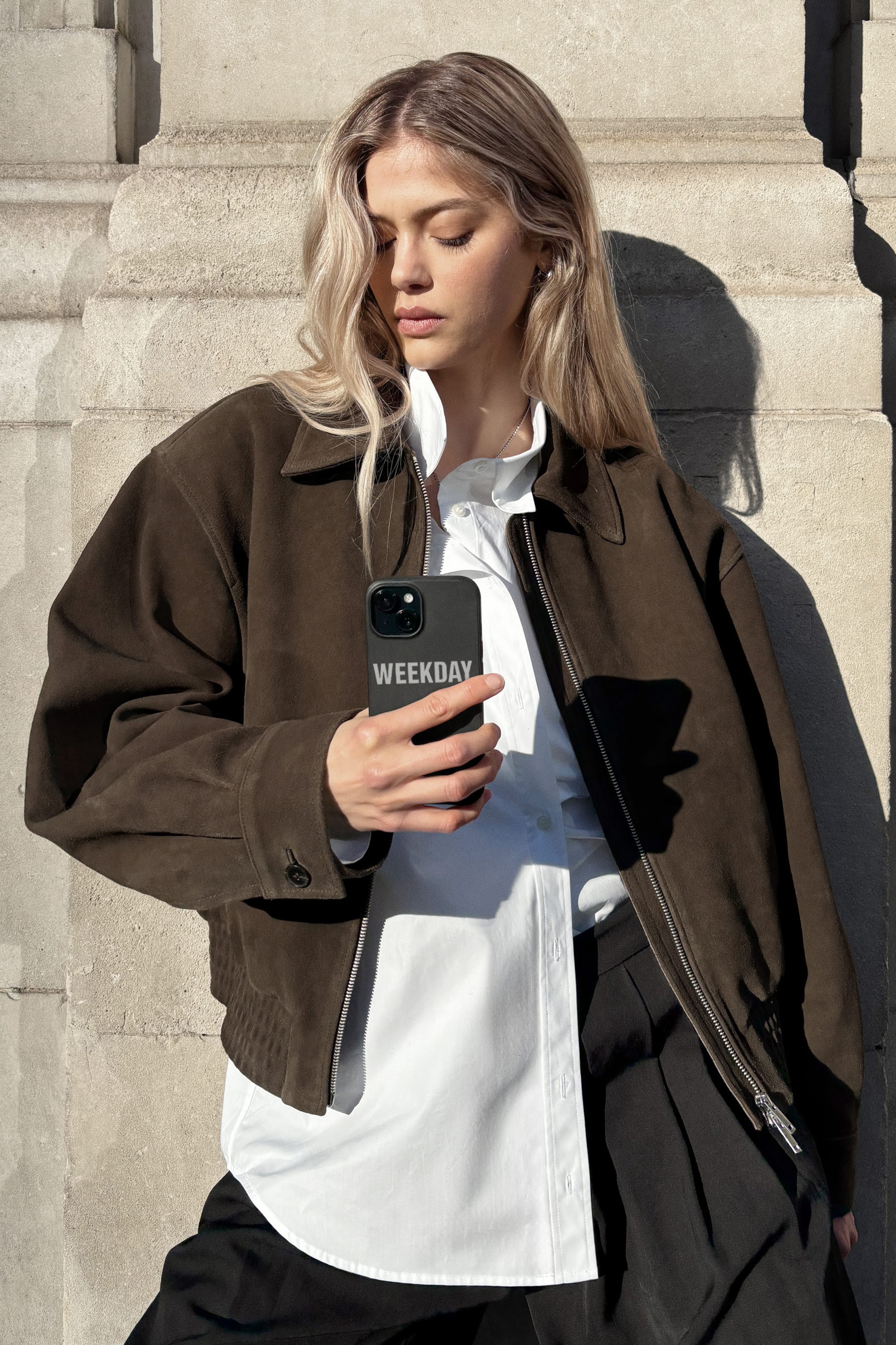 Dark Brown - Boxy Suede Zip Jacket - 1