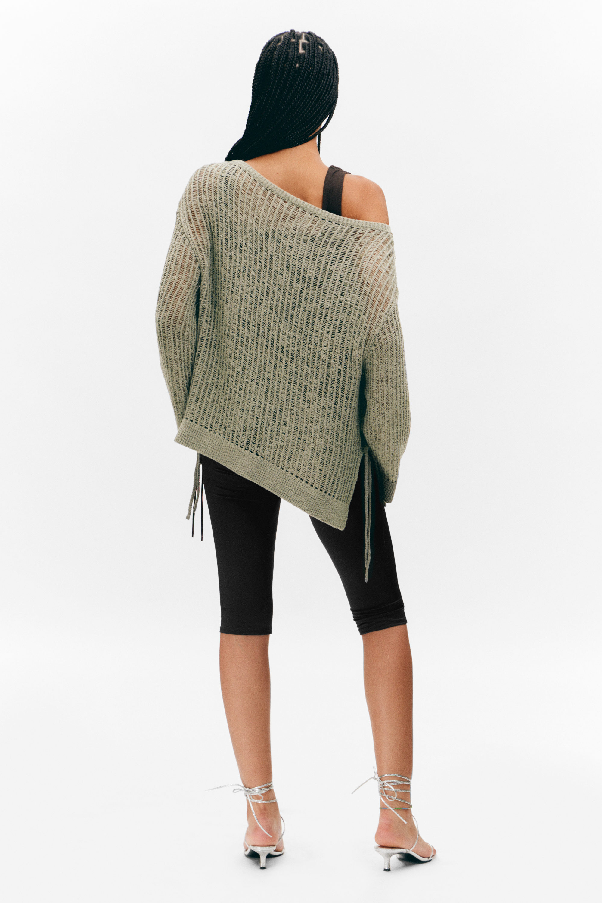 Khaki Green - Loose Open-Knit Side Slit Sweater - 6
