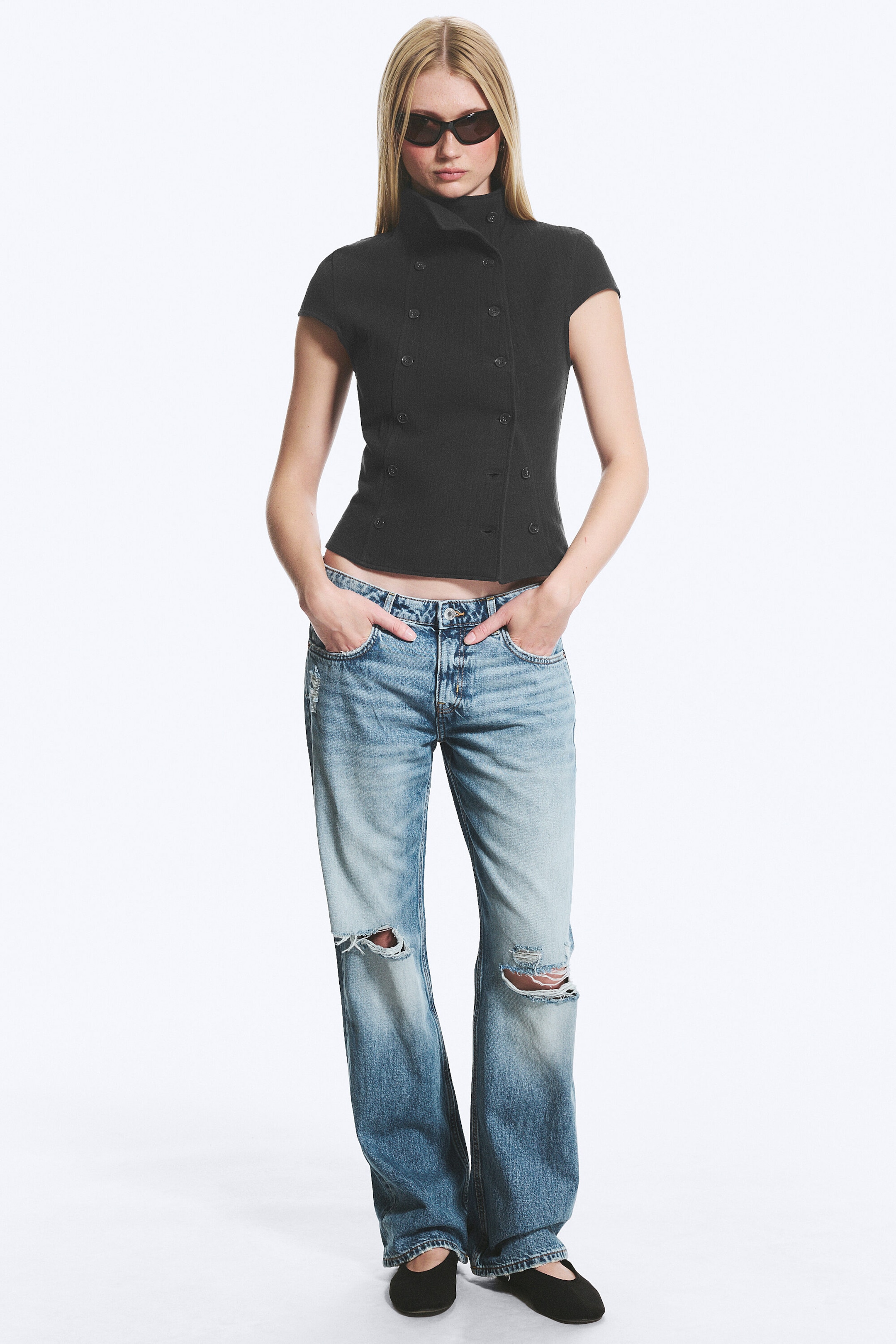 Dark Grey - Double Breasted Cotton Top - 1