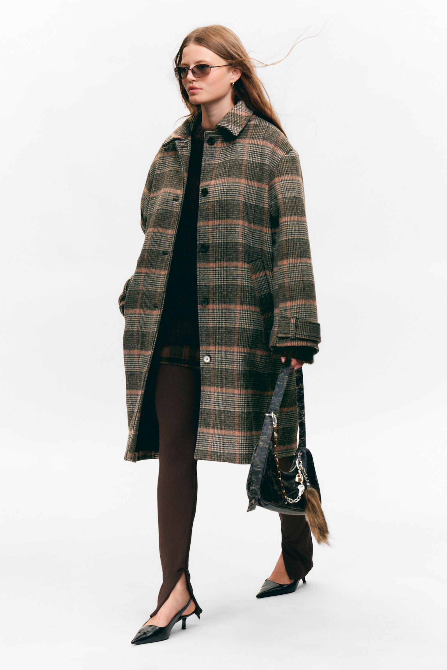 Knee-Length Single-Breasted Coat - Dusty Mole Check/Dusty Dark Grey Melange - 4