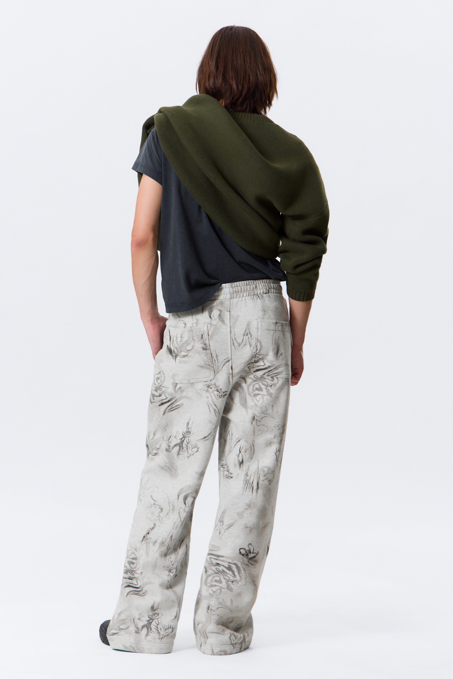 Bawełniane spodnie dresowe Loose Fit - Grey Melange - Nadruk Bazgroły - 4