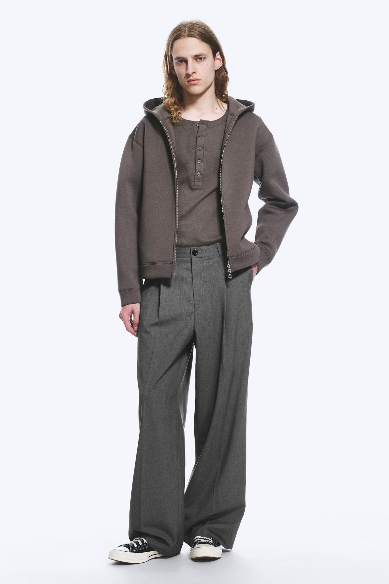 Scuba hoodie met rits en structuur - Donkertaupe/Zwart - 1