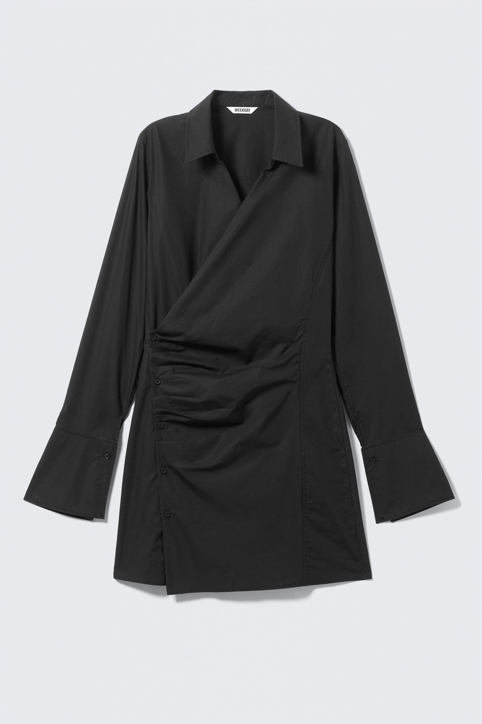 Long-Sleeved Asymmetric Mini Shirt Dress - Zwart/Wit/Blauw gestreept/Black