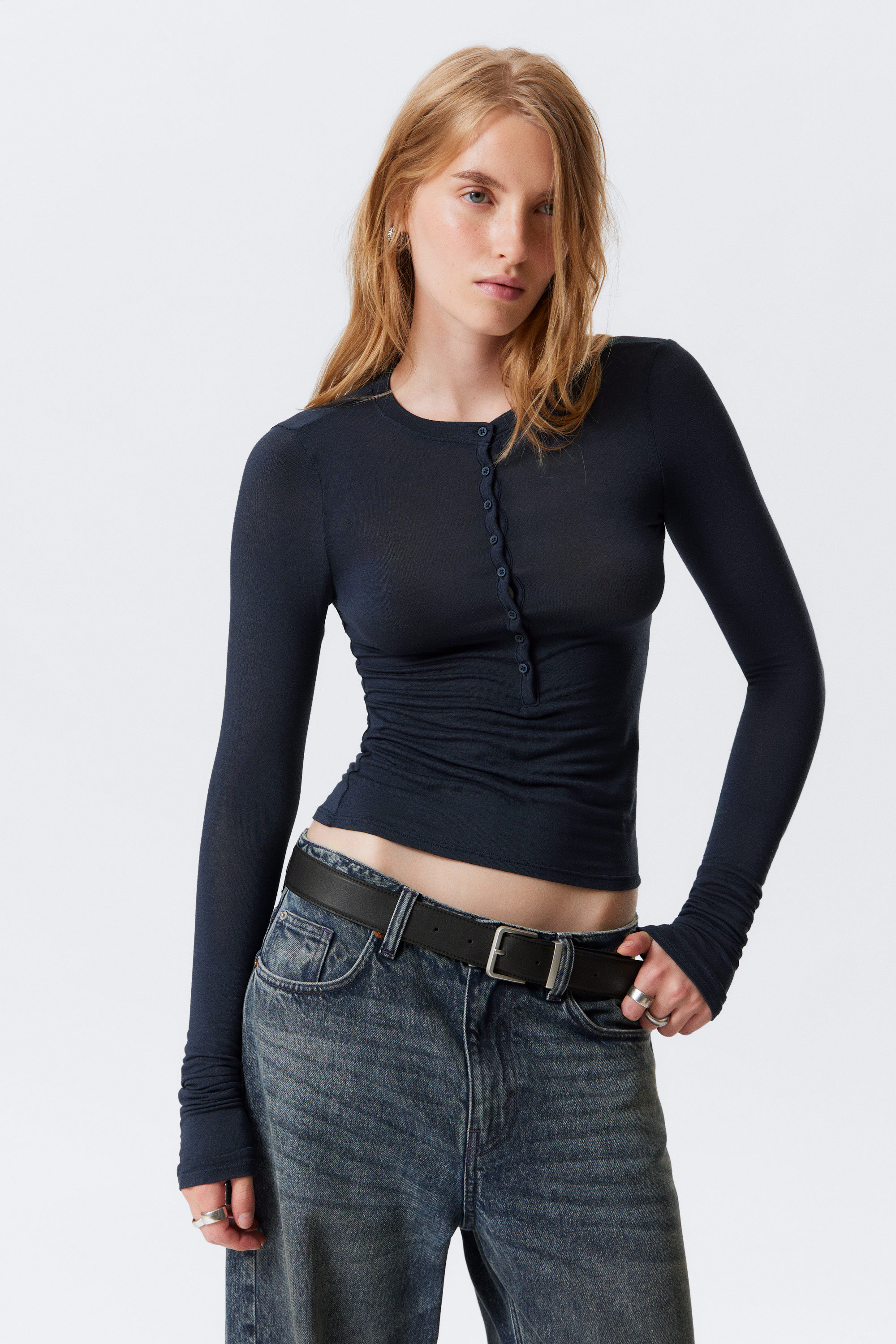 Dark Blue - SLIM BUTTONED LONG SLEEVE TOP - 1