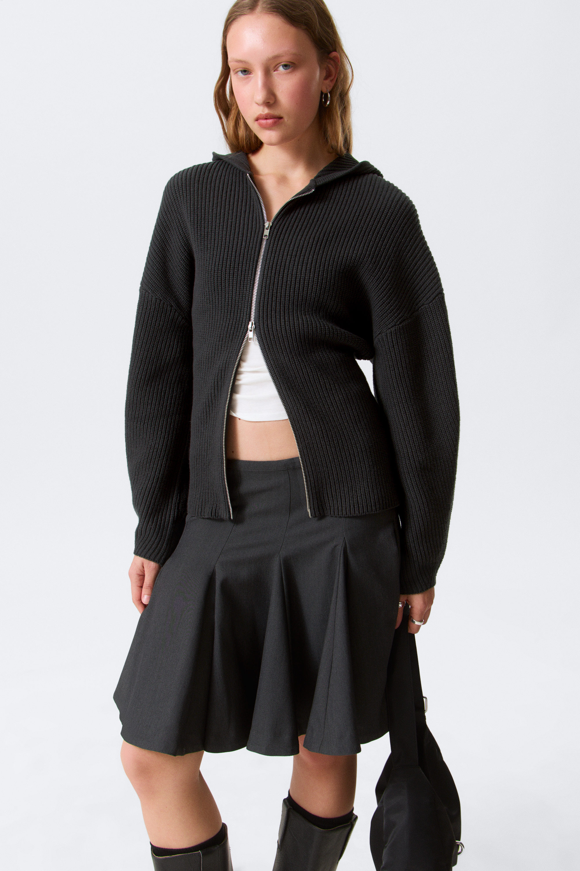 Black - Long Knitted Zip Hoodie - 2