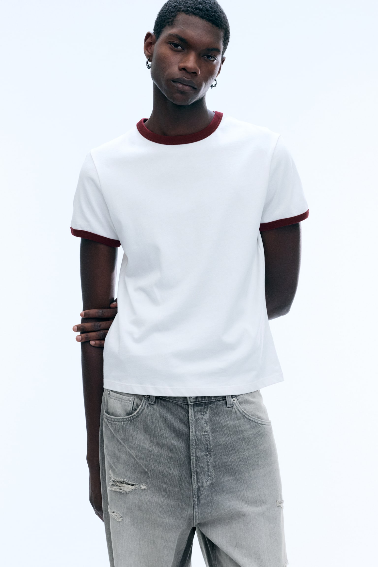 Short-Sleeved Contrast Trim Cotton T-shirt - Бяло - Червен Кант/White - Blue Binding/Бял - Зелен Кант/Бял/Ръждив/Тъмносиньо - Светлосин кант - 1