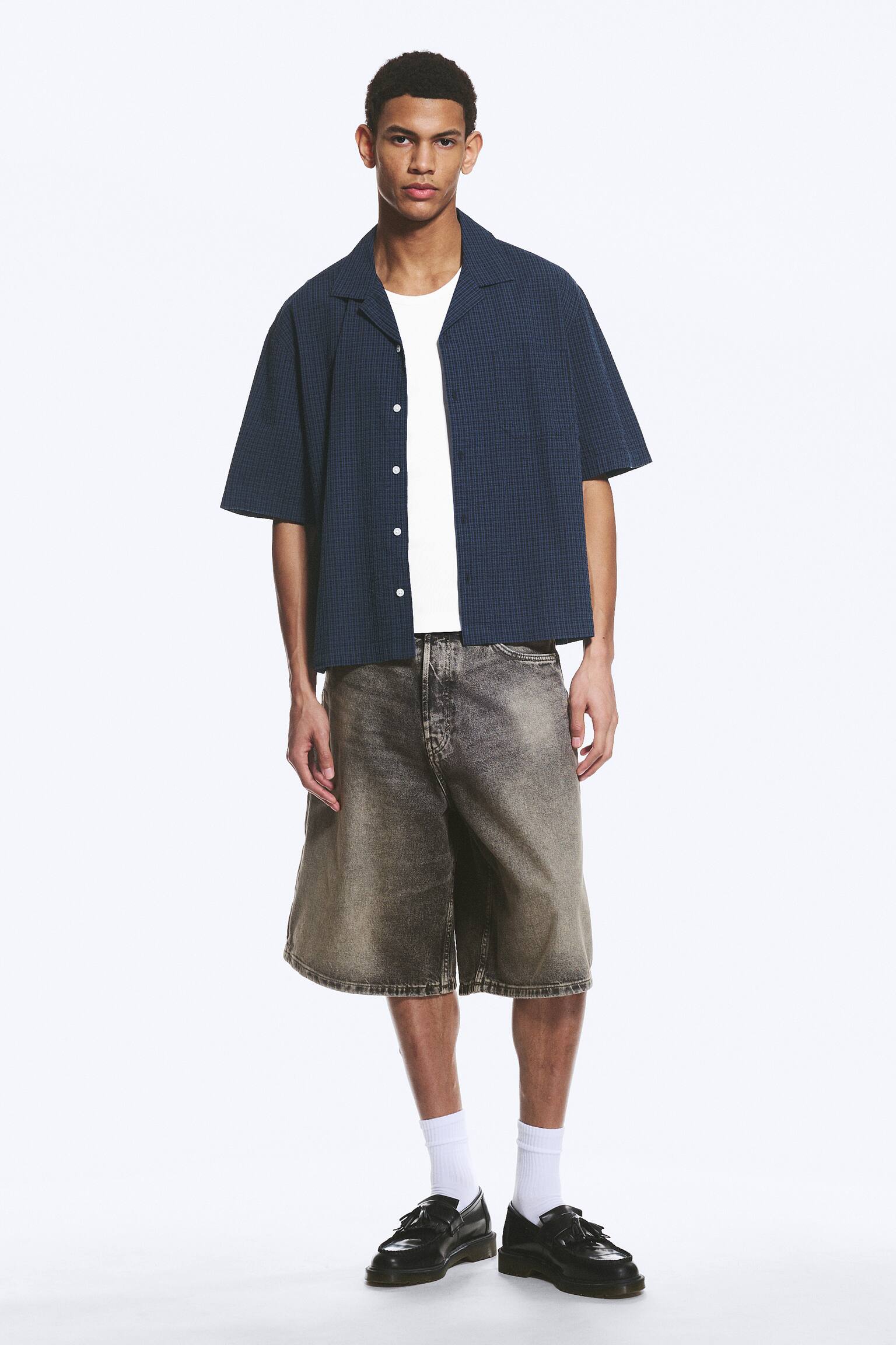 Χαλαρό Κοντομάνικο Πουκάμισο Για Διακοπές - Καρό Σκούρο Μπλε/Καρό Γκρι - 3