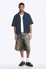 Checked Dark Blue - Loose Short-Sleeved Resort Shirt - 1