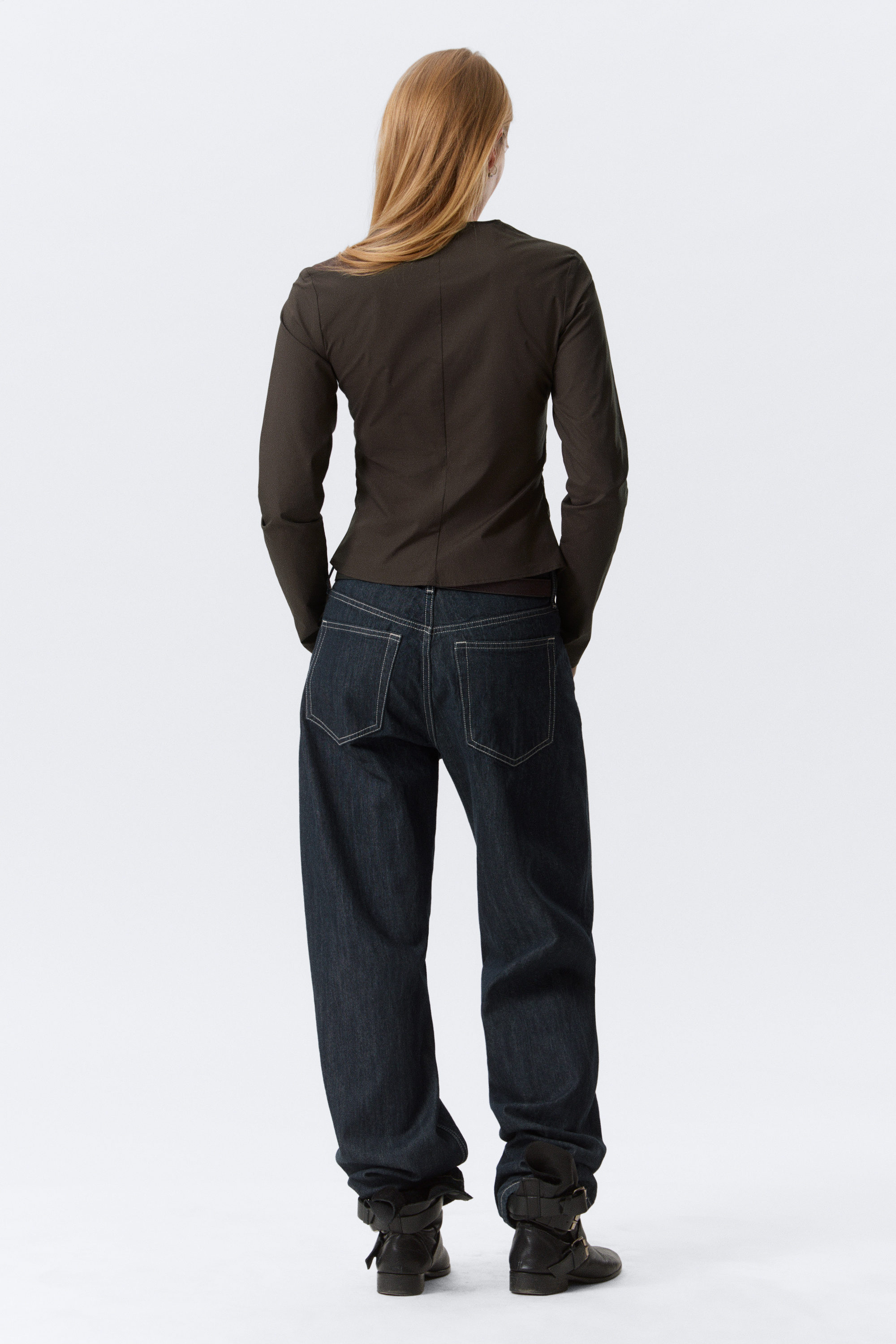 Dark Brown - Gathered V-Neck Zip Top - 2