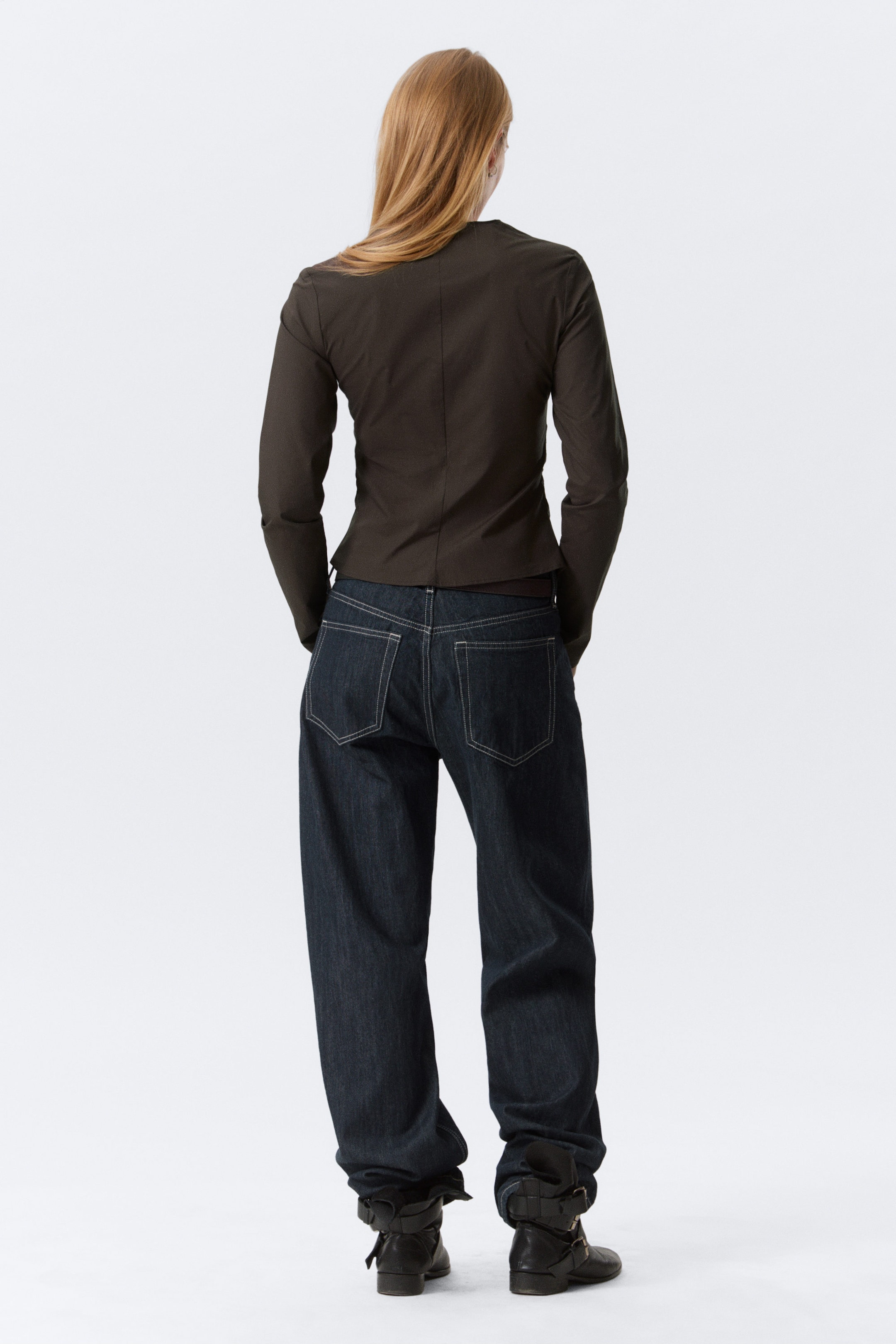 Dark Brown - Gathered V-Neck Zip Top - 2