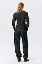 Dark Brown - Gathered V-Neck Zip Top - 2