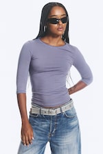 Striped Dusty Blue - Fitted Three-Quarter Sleeve Top - 1