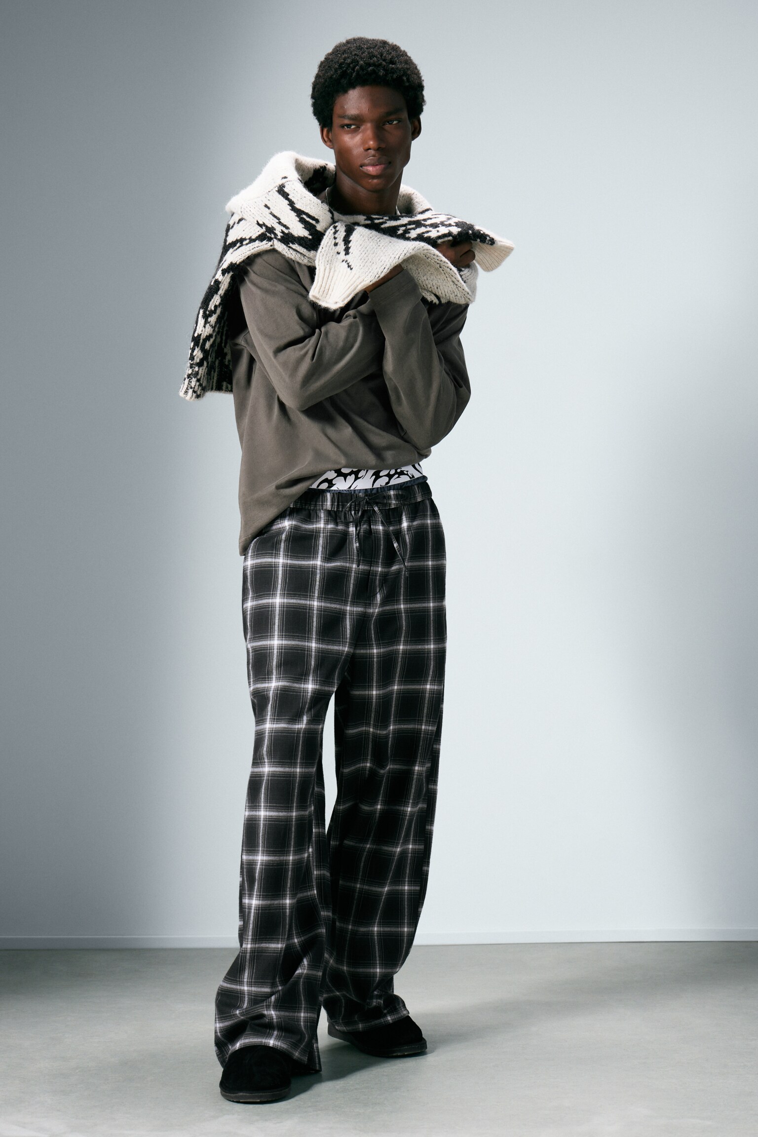 Relaxed Flannel Pyjama Trousers - Checked Black/Checked White/Checked Dark Brown - 1