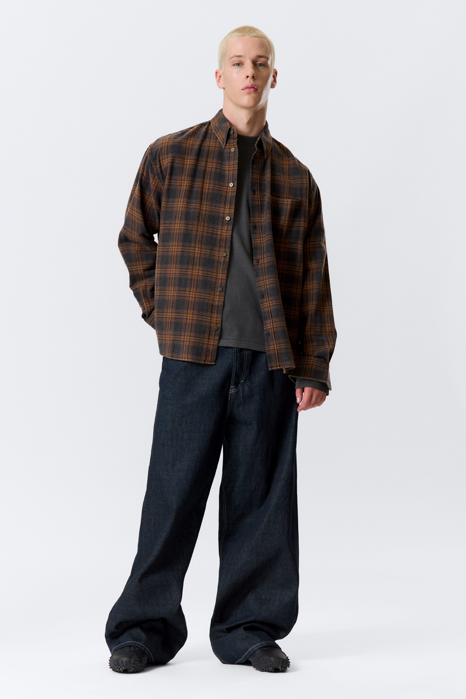 Cămașă Flanel cu Carouri Spălate și Nasturi - Checked Washed Navy/Orange/Carouri Gri Spălăcit - 4