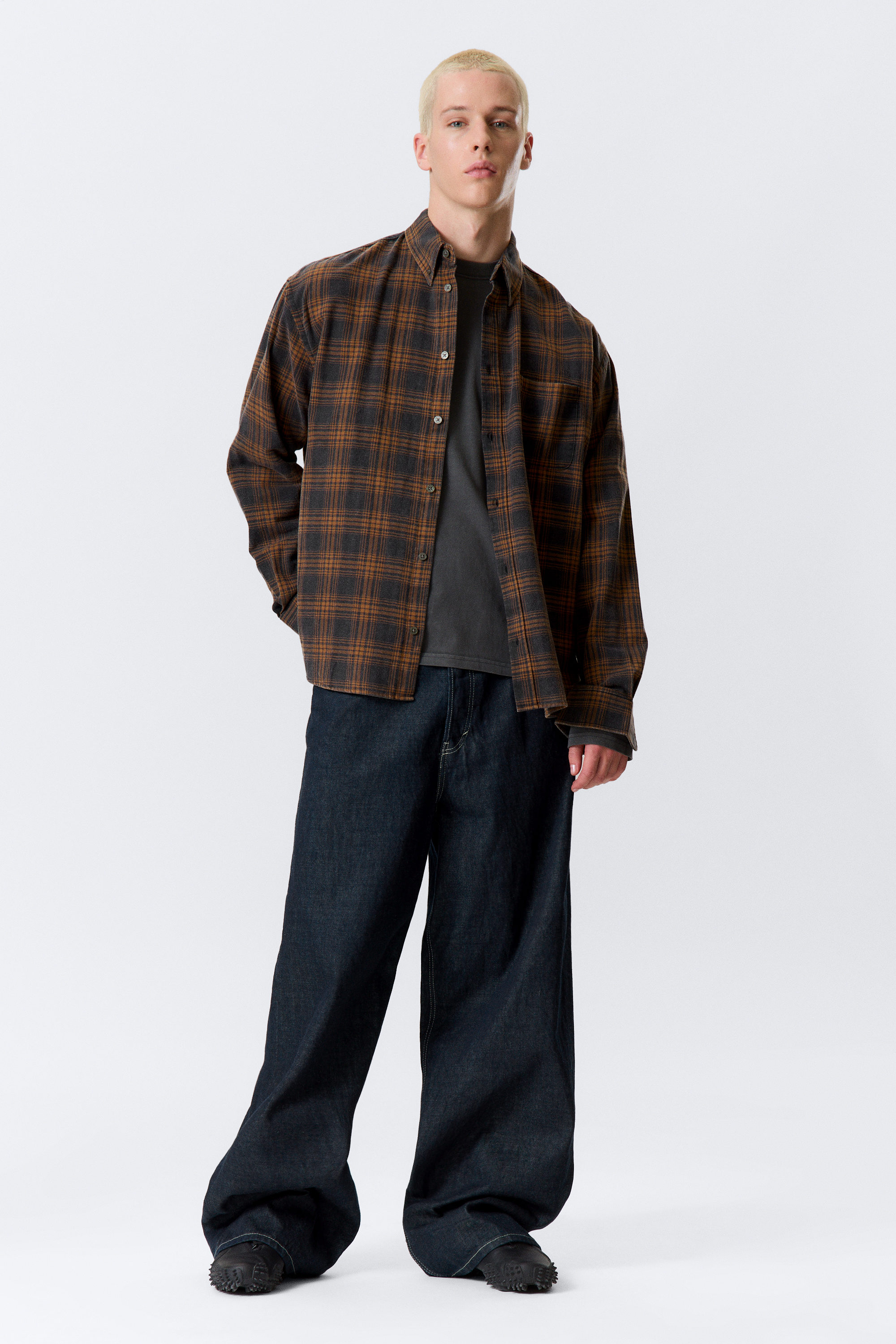 Checked Washed Navy/Orange - Washed Checked Button-Down Flannel Shirt - 4