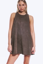 Washed Dark Brown - Sleeveless Cotton Twill Mini Dress - 1