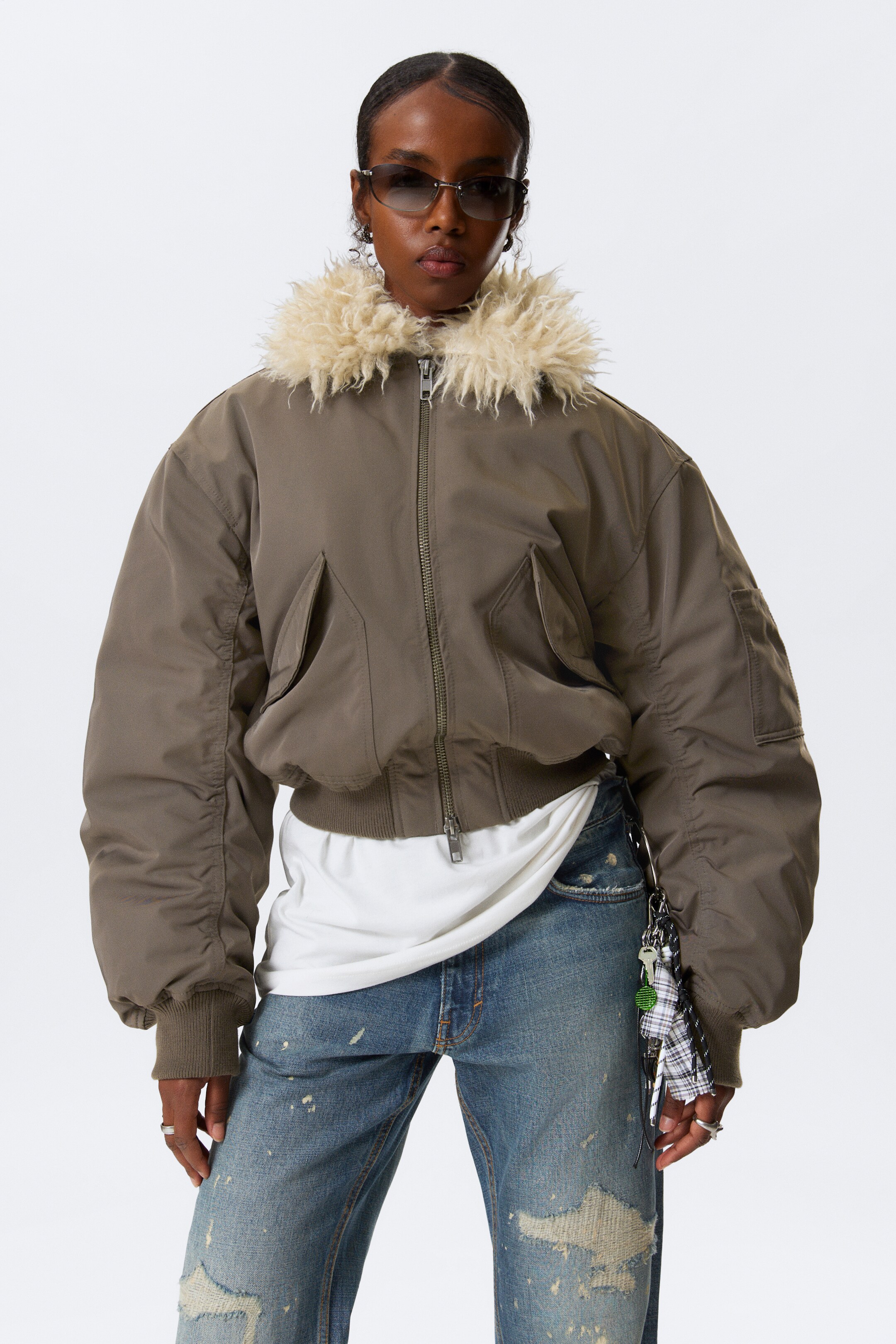 View larger image: Faux Fur Collar Bomber Jacket - Dark Mole - Ladies | H&M GB 2