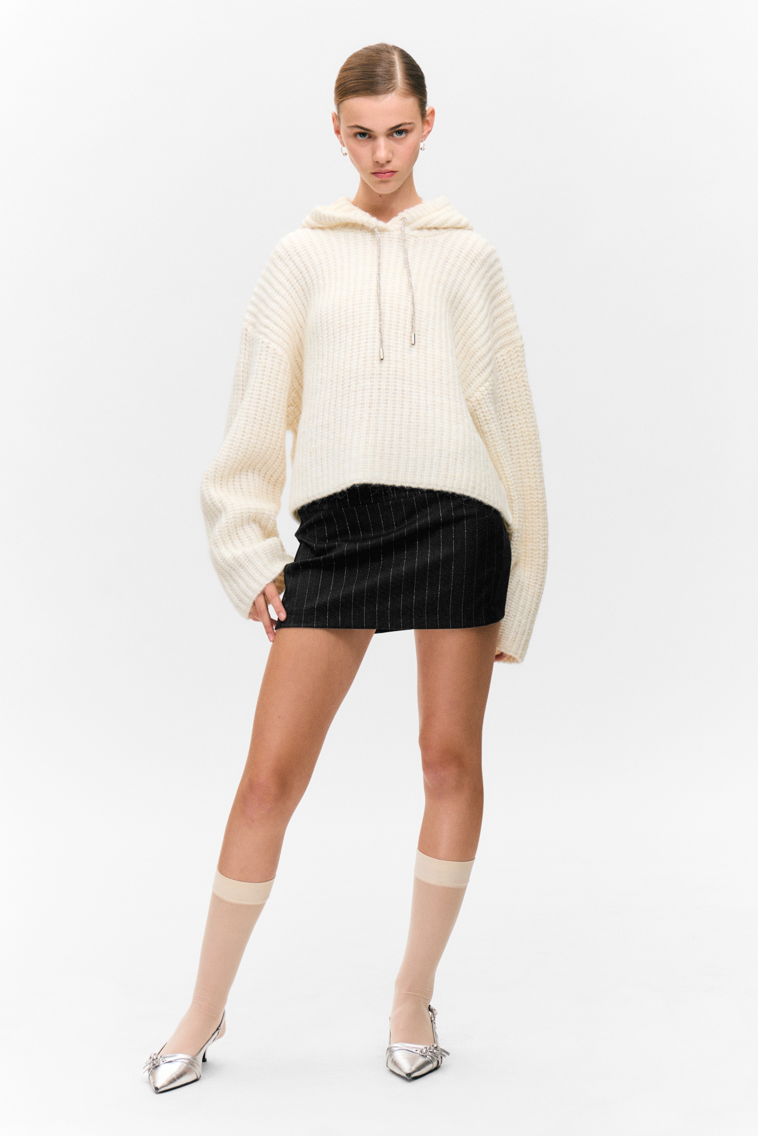 Knitted Drawstring Hoodie - White - 5