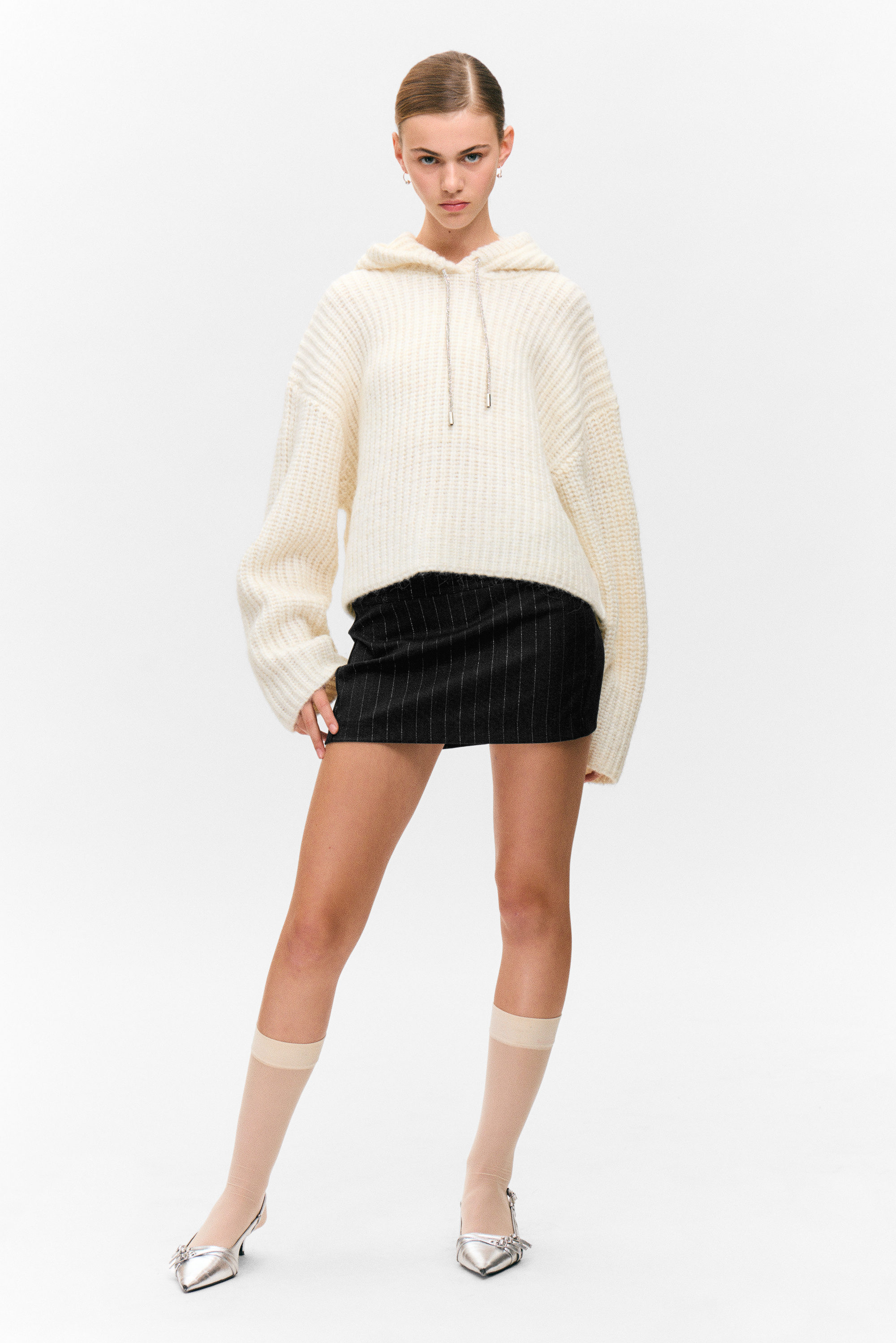 White - Knitted Drawstring Hoodie - 2