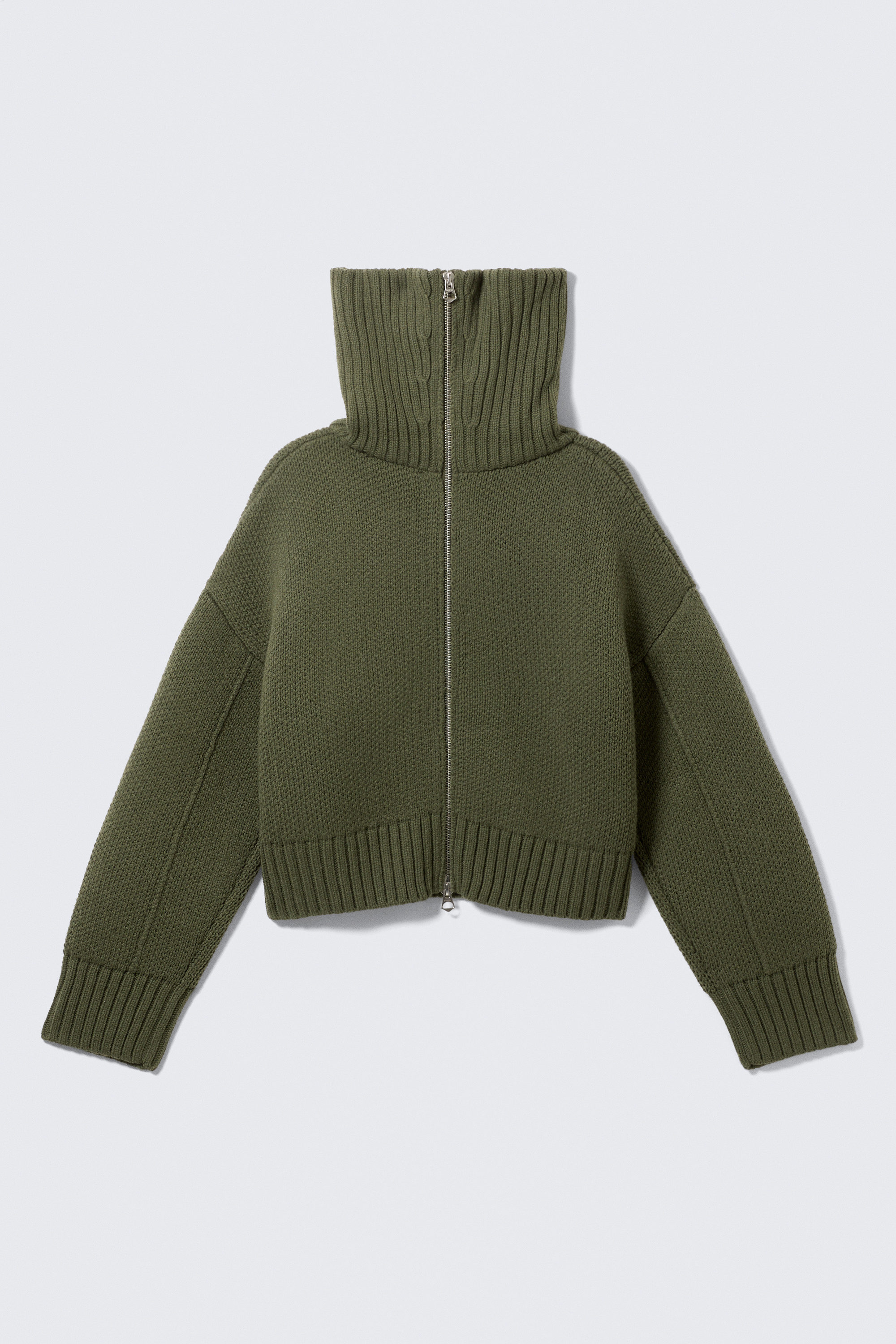 Khaki Green - Knitted Funnel Neck Dual Zip Sweater - 5