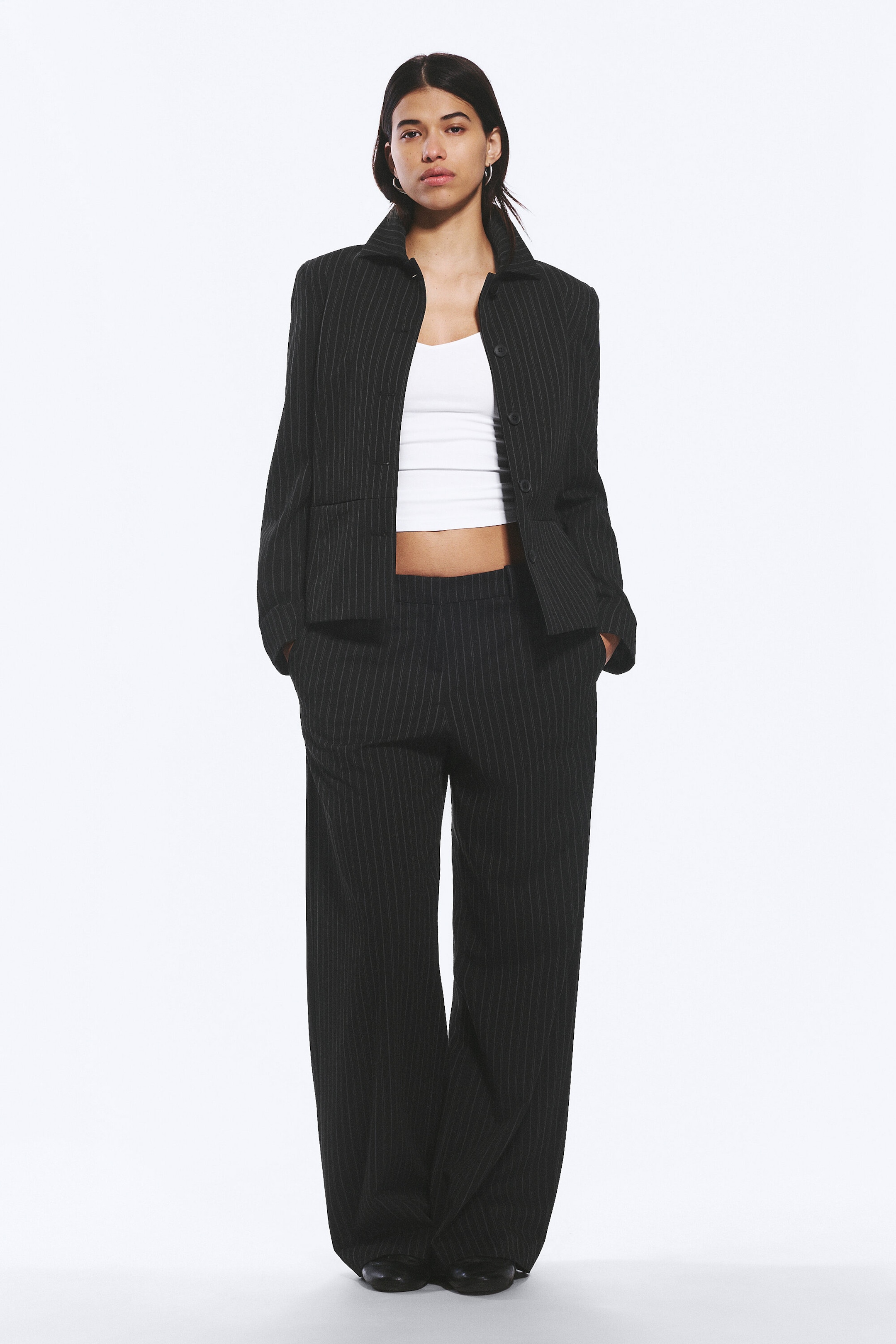 Pinstriped Black - Low-Waisted Loose Fit Suit Trousers - 1