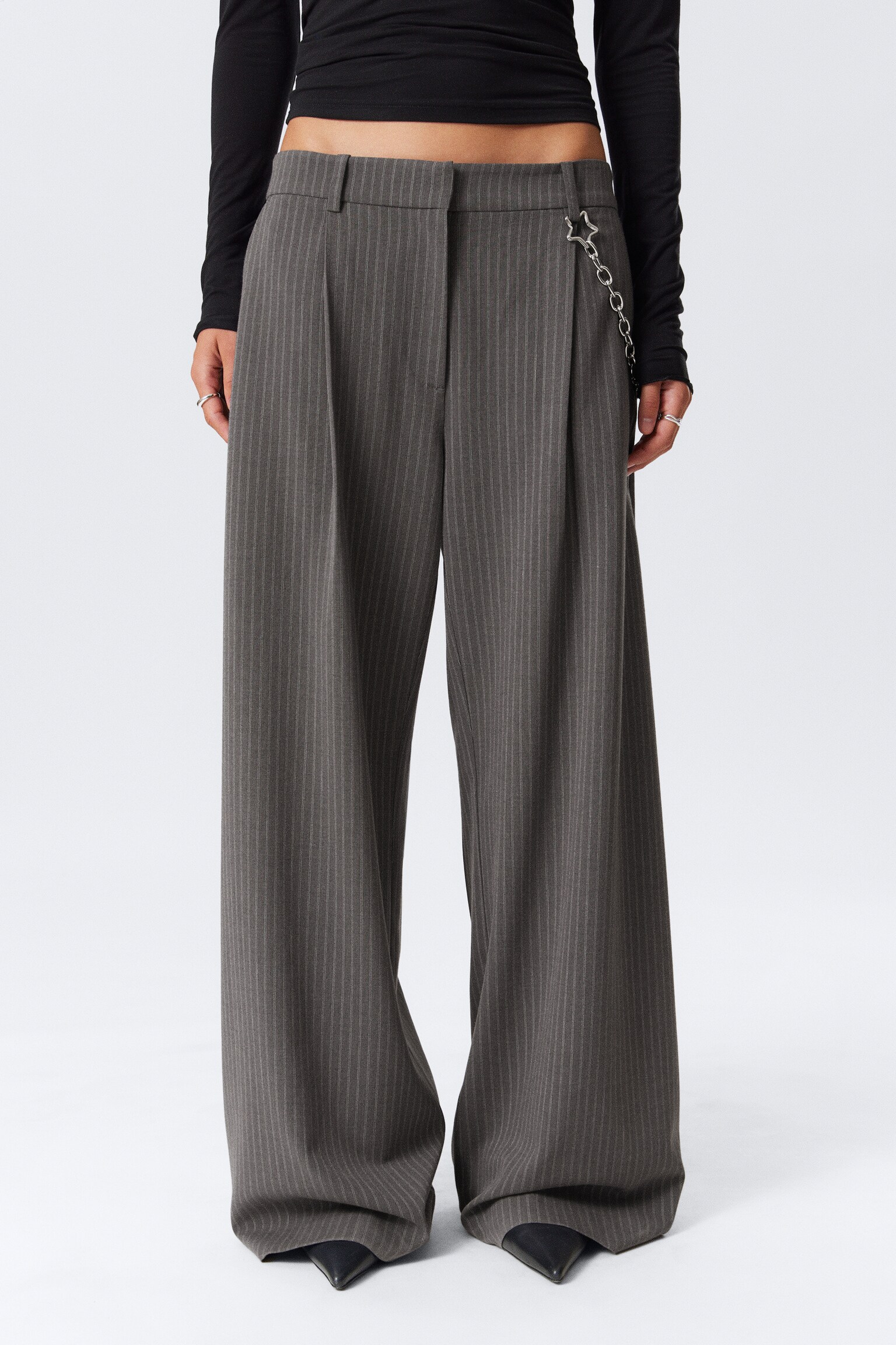 Low Waist Wide Suiting Trousers - Striped Dark Grey/Dark Khaki Green/Black - 10