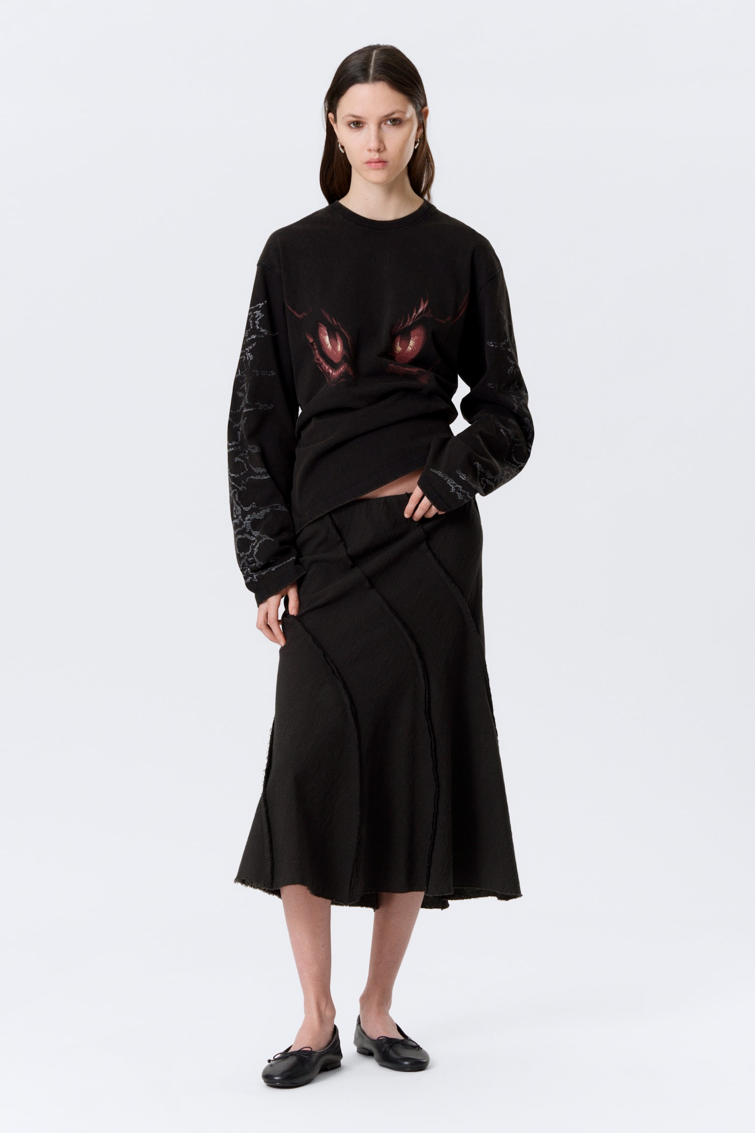 Mid-rise midirok met gebogen naden - Zwart - 1