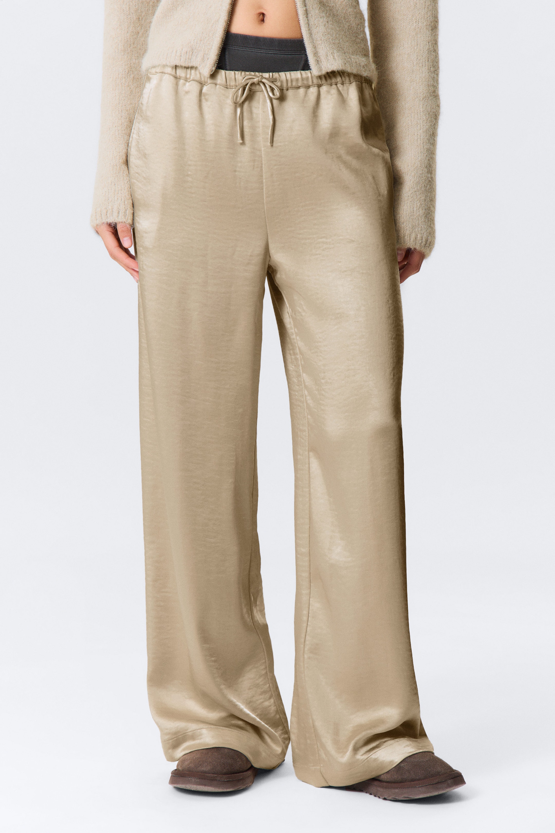 Beige - Washed Satin Pyjama Trousers - 2