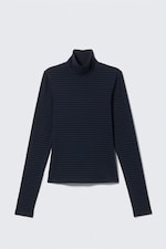 Striped Dark Blue - Fitted Striped Turtleneck Top - 3