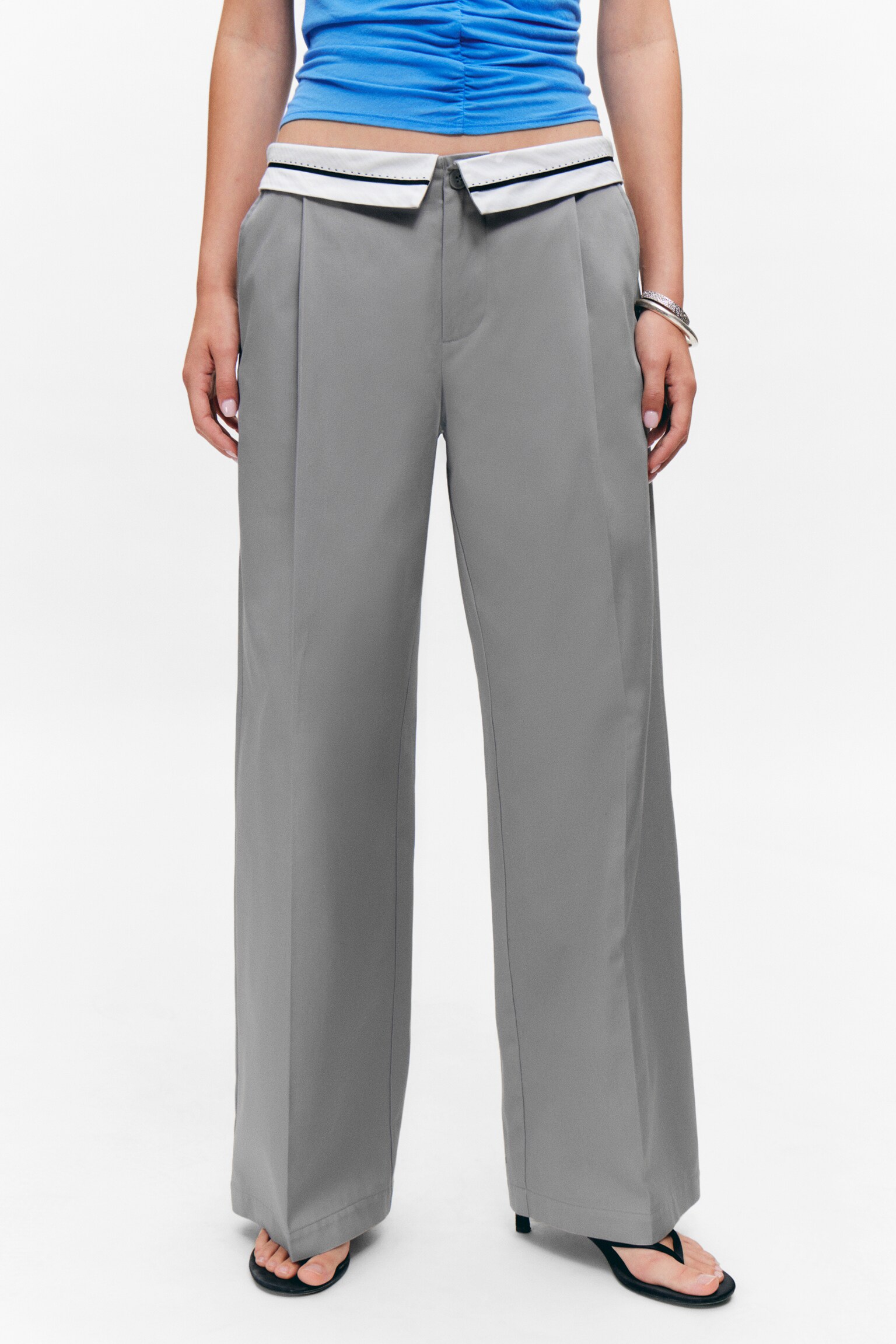 Low Rise Folded Waist Twill Trousers - Grey/Beige - 5