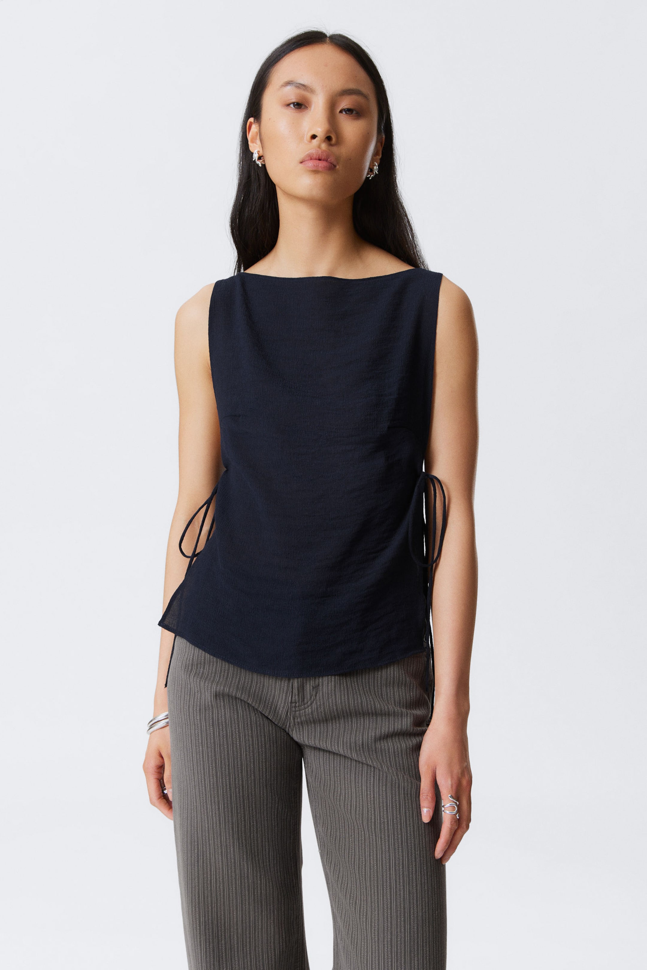 #3B3D4B - Sleeveless Boat-Neck Tie Top - 1