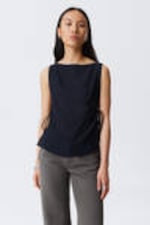 Navy Blue - Sleeveless Boat-Neck Tie Top - 0