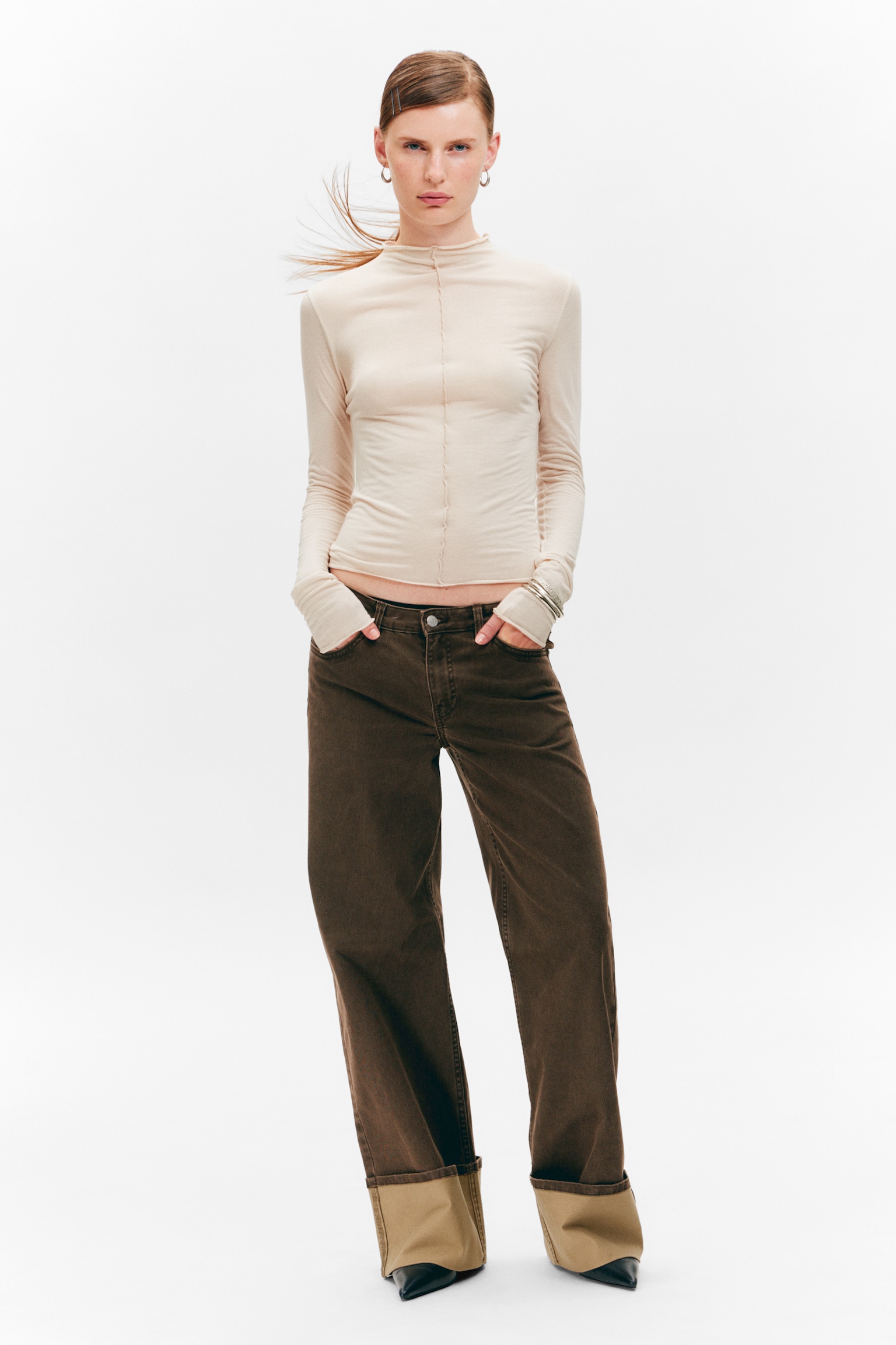 Langarm-Top mit schmaler Passform und Stehkragen - Beige/Türkis/Schwarz - 3
