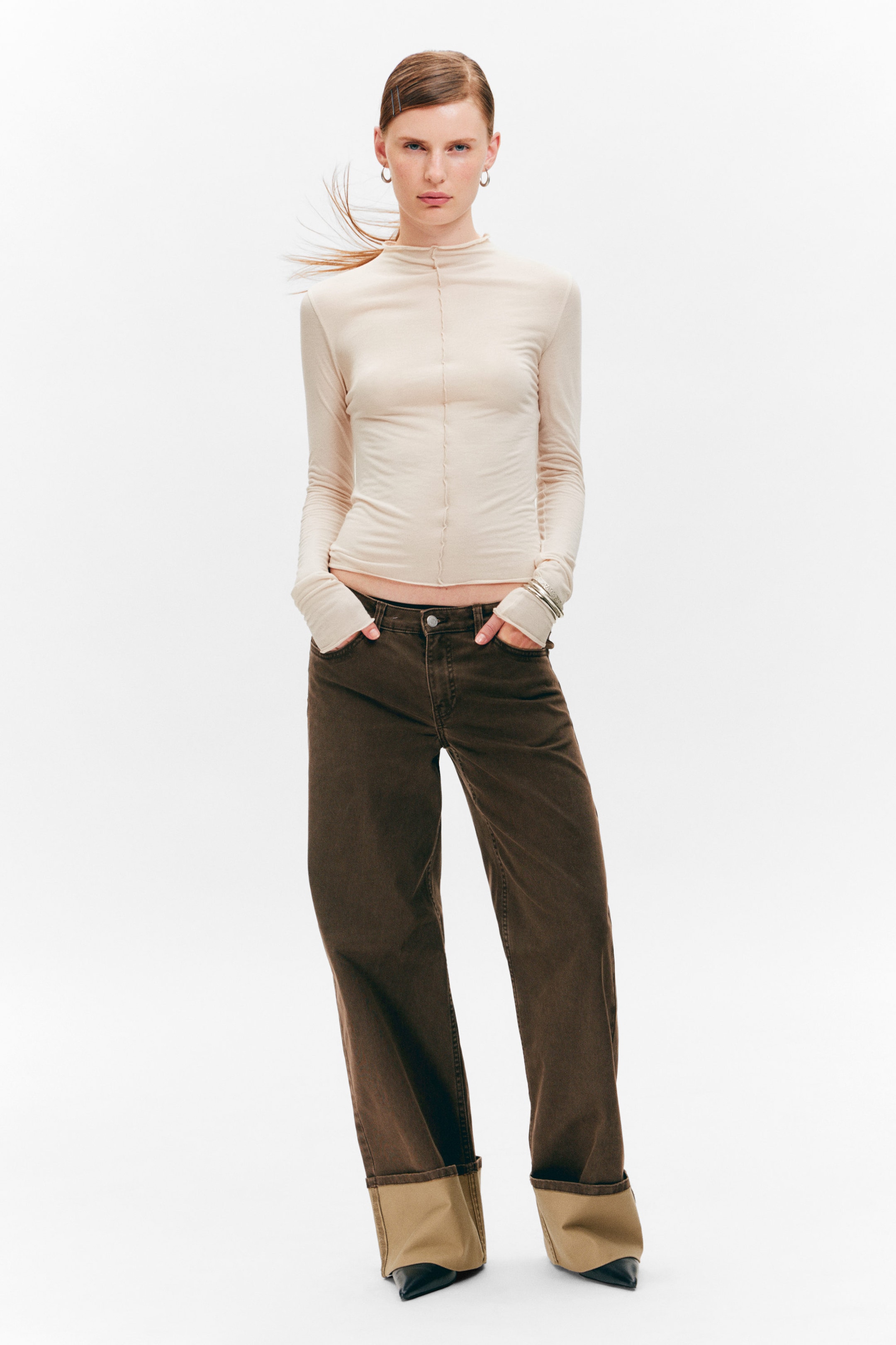 Beige - Slim Fit Long-Sleeved Mock-Neck Top - 2