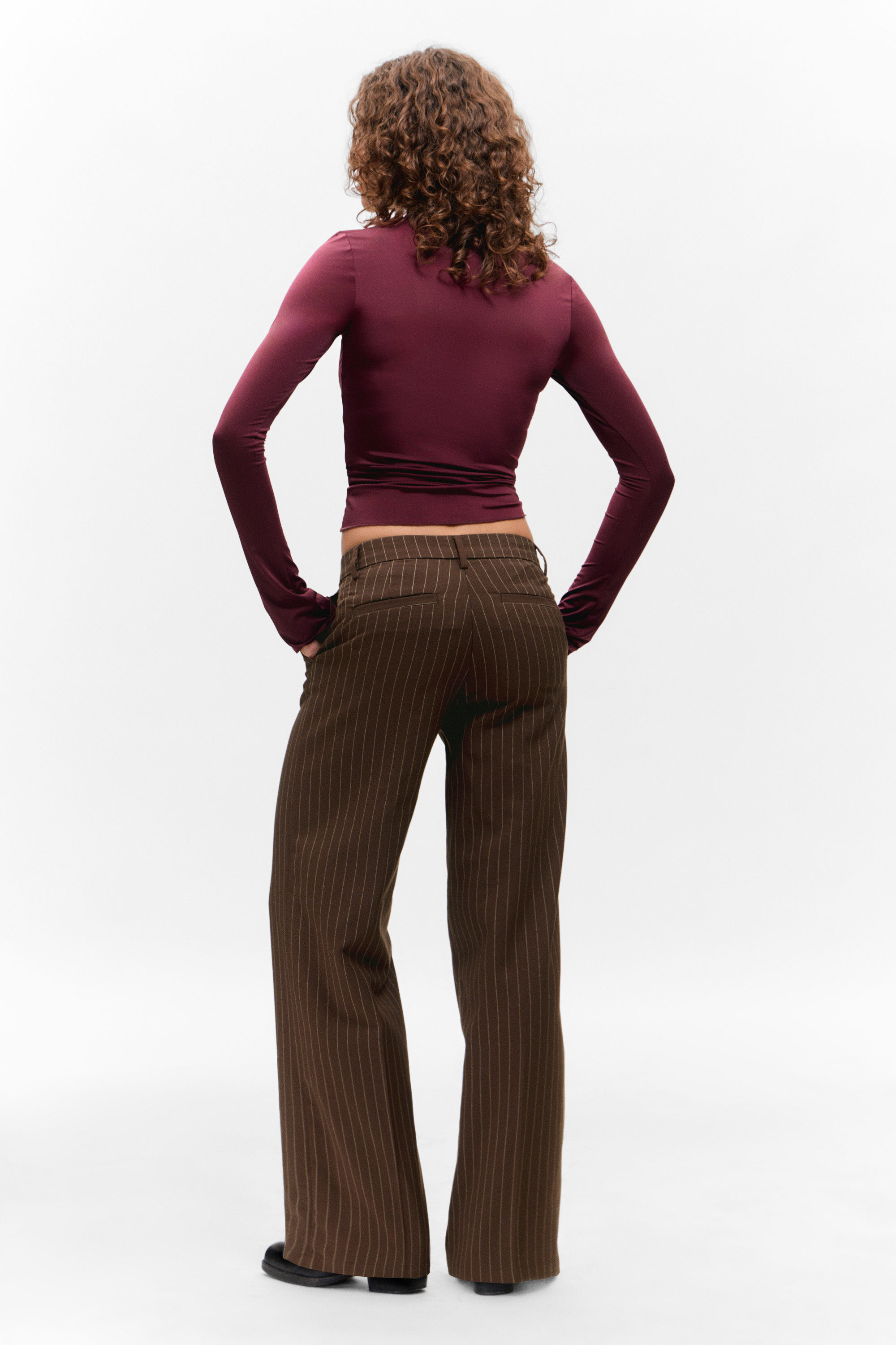 Brun kritstrecksrandig - Låga Kostymbyxor - 2