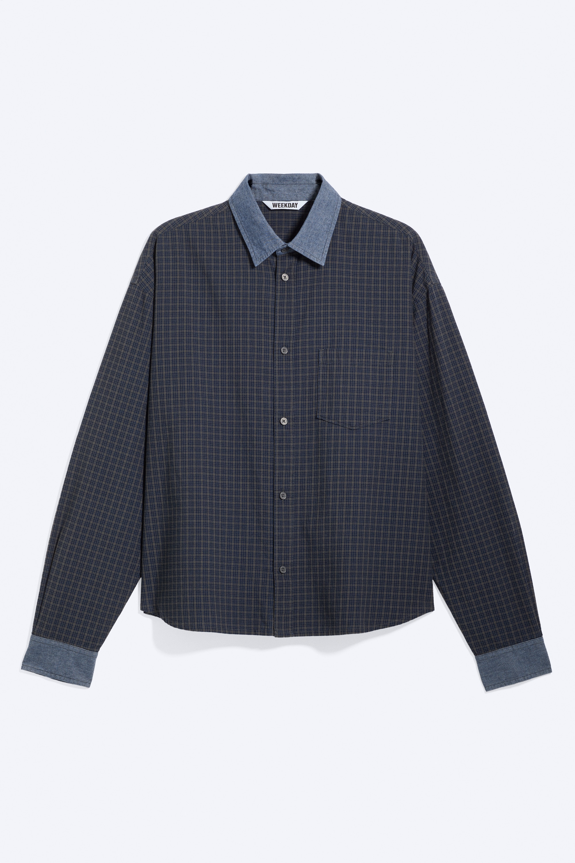 Camisa Holgada de Algodón a Cuadros - Gris a cuadros - denim de contraste