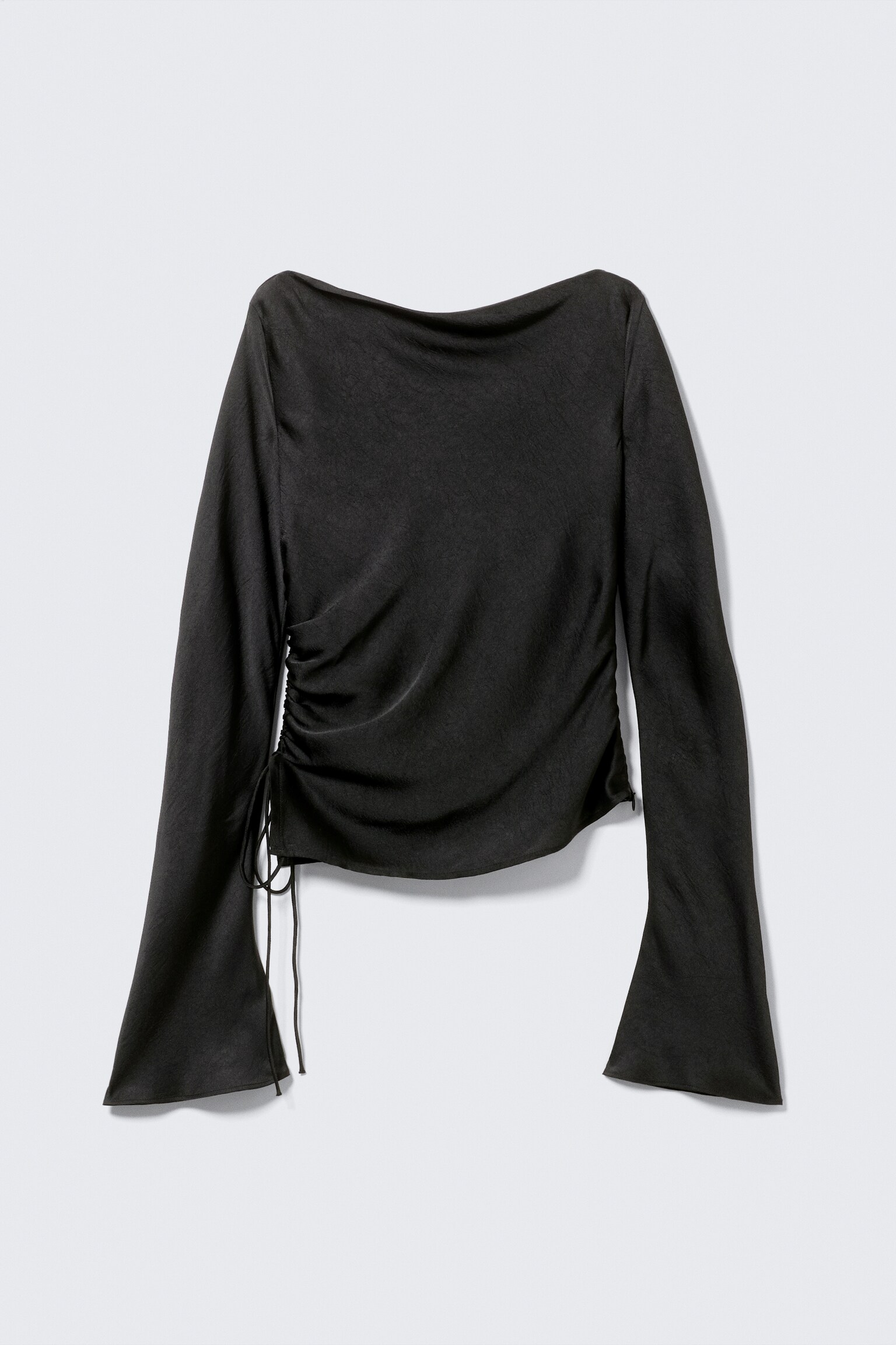 Ruched Boat-Neck Trumpet Sleeve Top - Black - 2