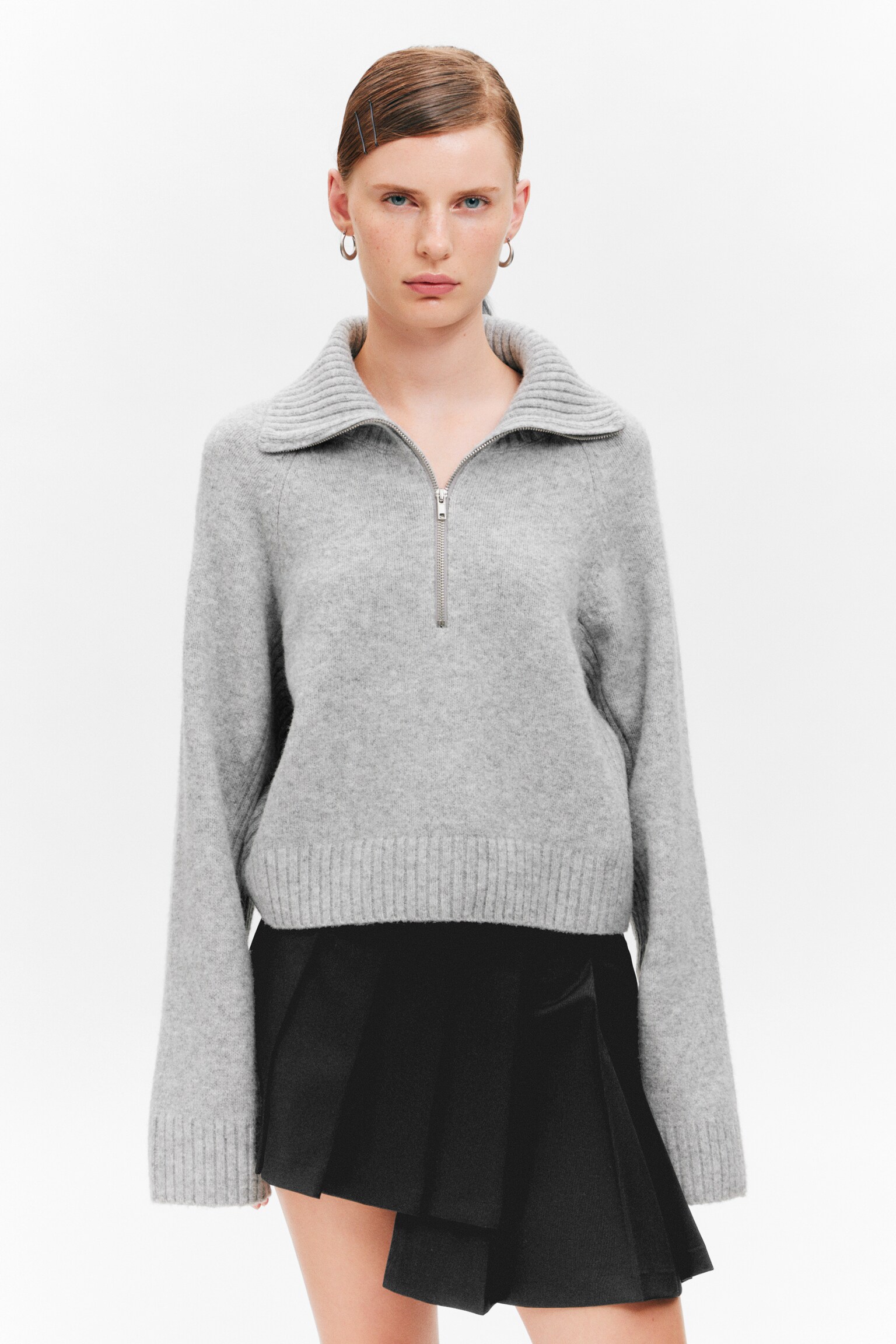 Short Half-Zip Knitted Sweater - Dusty Light Grey Melange/Dusty Pink & Cream White